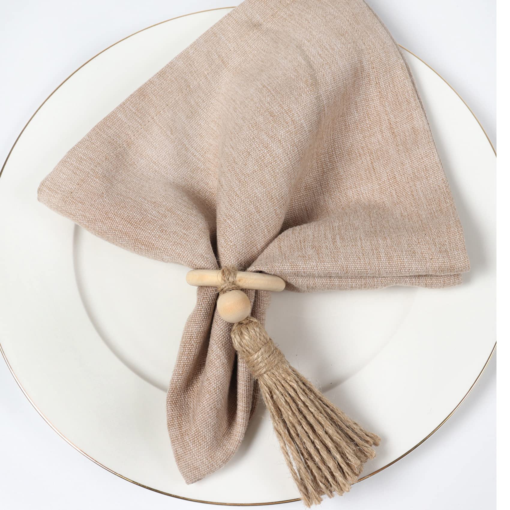Zilucky Set Of 6 Wooden Napkin Rings, Natural Wooden Beads With Tassels, Dining Party Weddings Family Gatherings Rustic Country