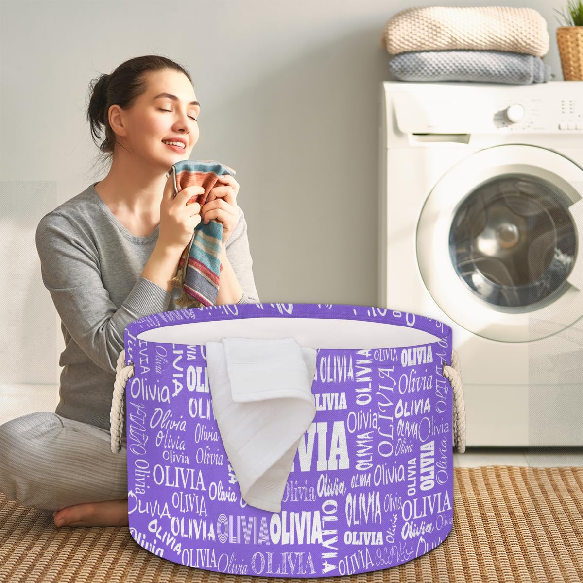 Personalized Round Laundry Hamper With Name For Women, Medium Purple Custom Nursery Baskets Cubes, Storage Dirty Clothes Laundry