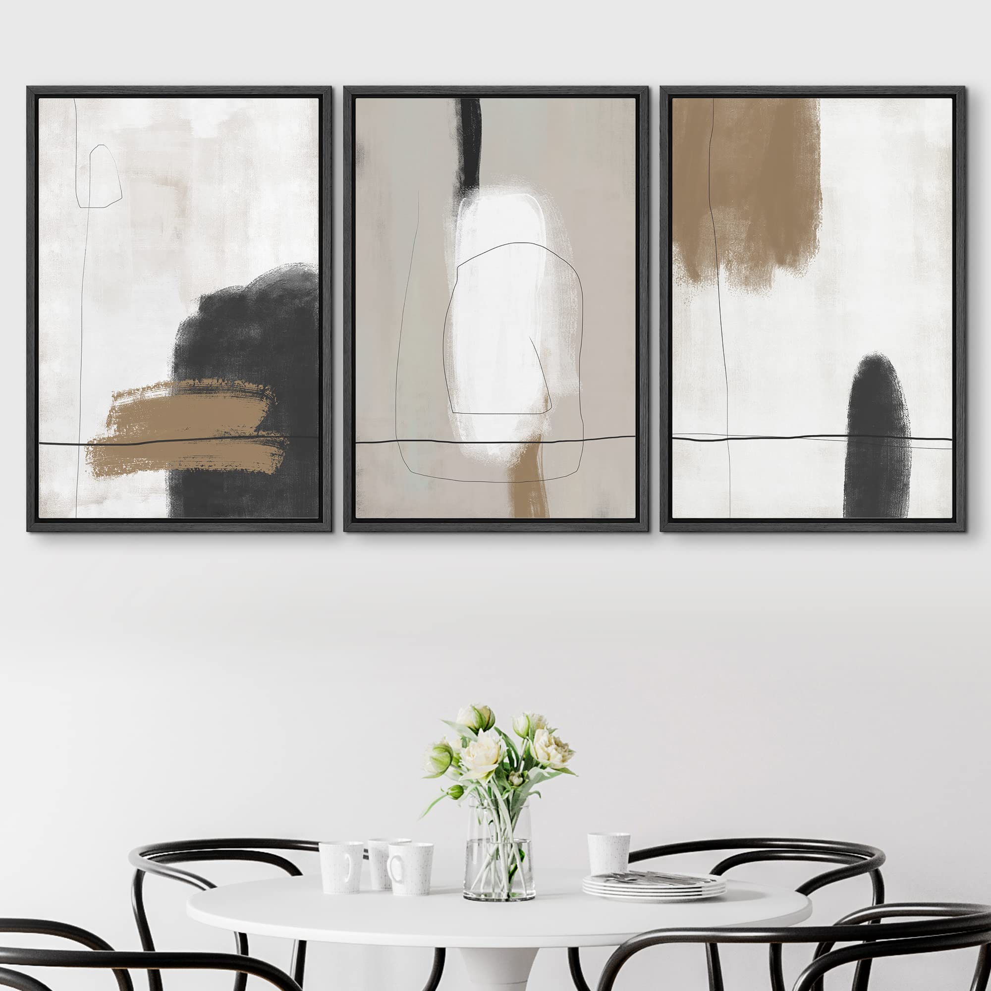 Signford Framed Canvas Print Wall Art Set Grunge Brown White Paint Strokes Abstract Shapes Illustrations Modern Art Bohemian Nor