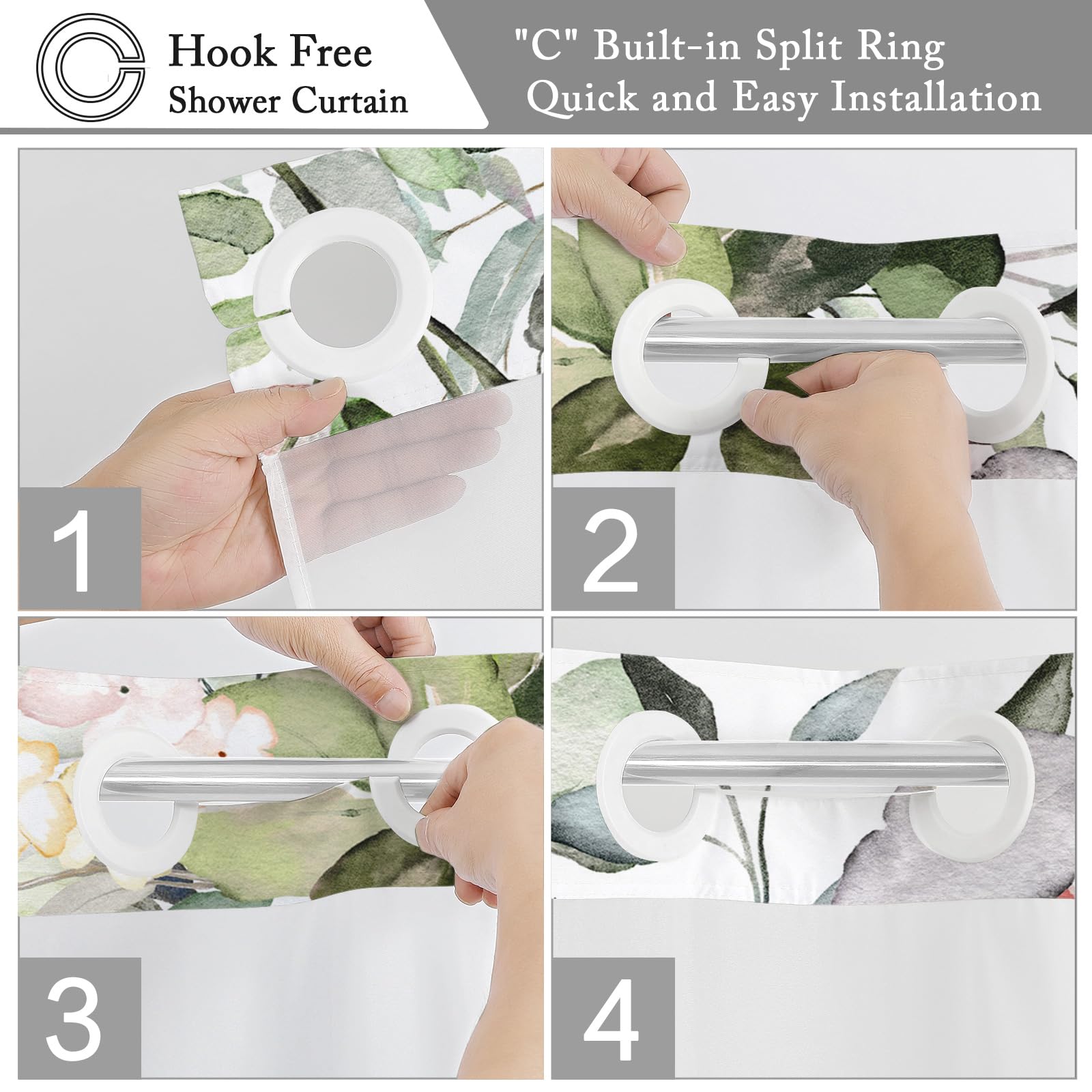 Gibelle No Hook Long Shower Curtain With Snap-In Fabric Liner Set - 72'' X 80''(78''), Hotel Style Sage Green Eucalyptus Leaves