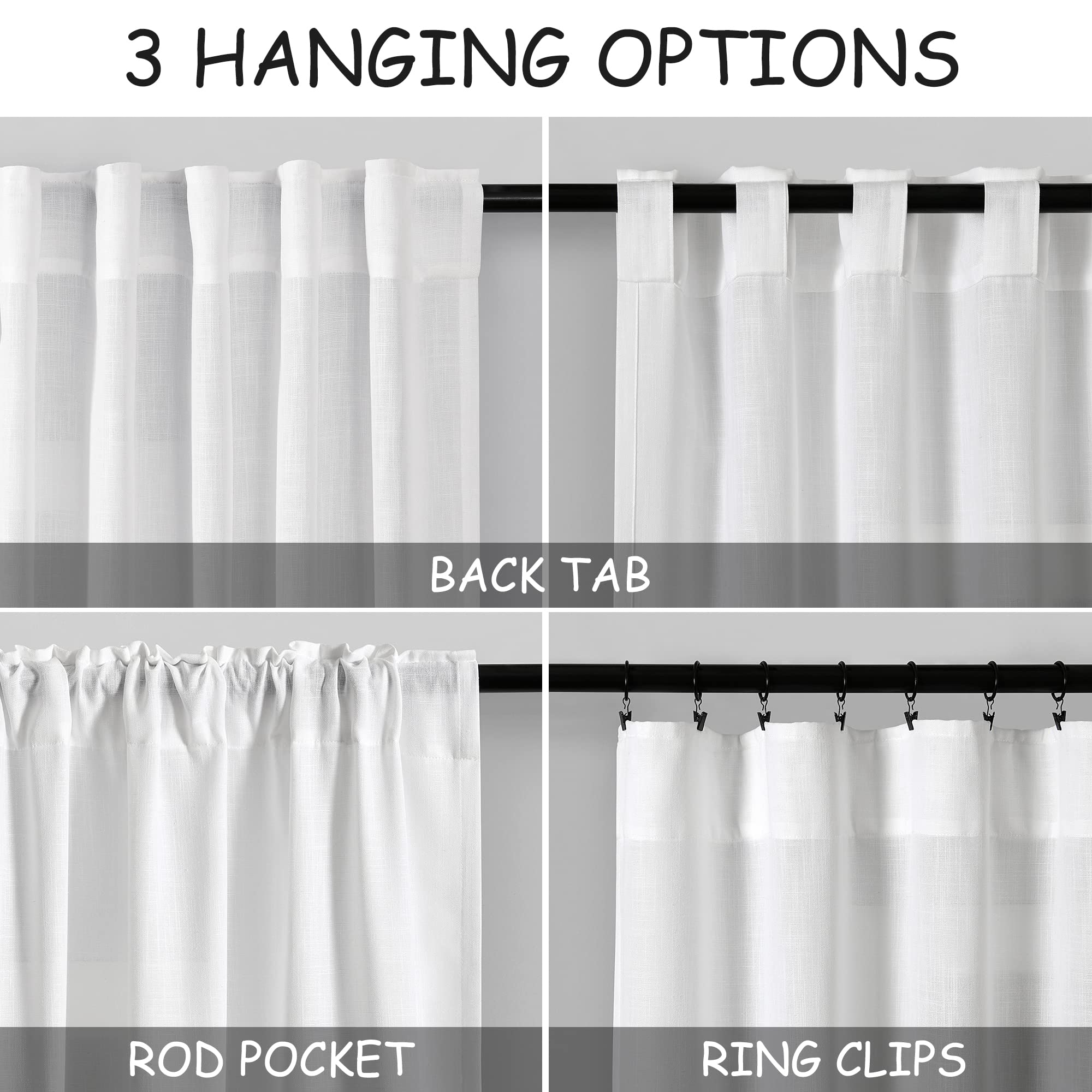 Nanspring White Linen Semi Sheer Cafe Curtains 36 Inch Length 2 Panel Set Back Tab Pocket Design for Small Bathroom Kitchen Wind