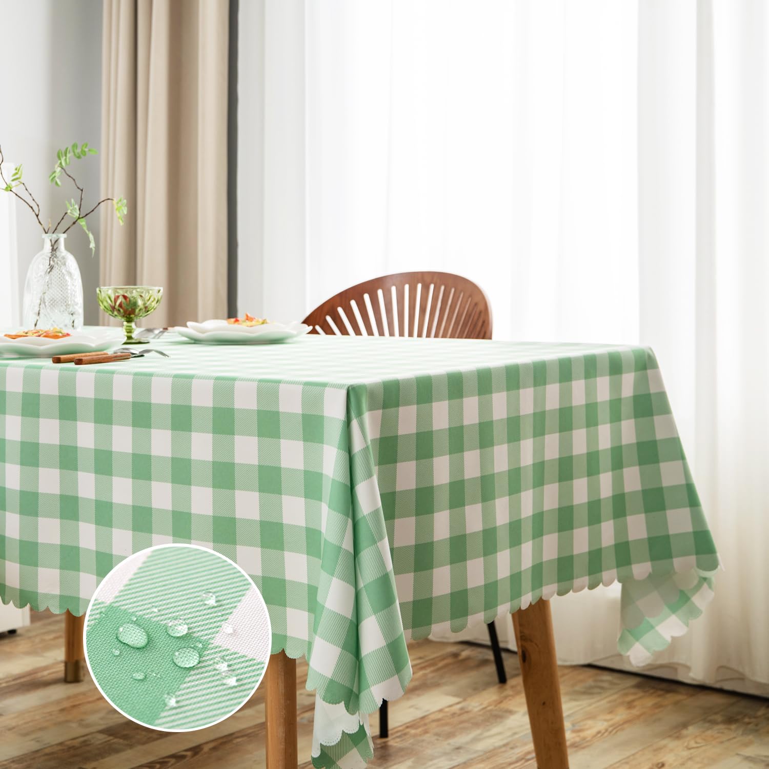 Mangata Casa Green Gingham Tablecloth For Rectangle Tables- Checkered Table Cloth Waterproof Kitchen & Table Linens-Polyester Bu