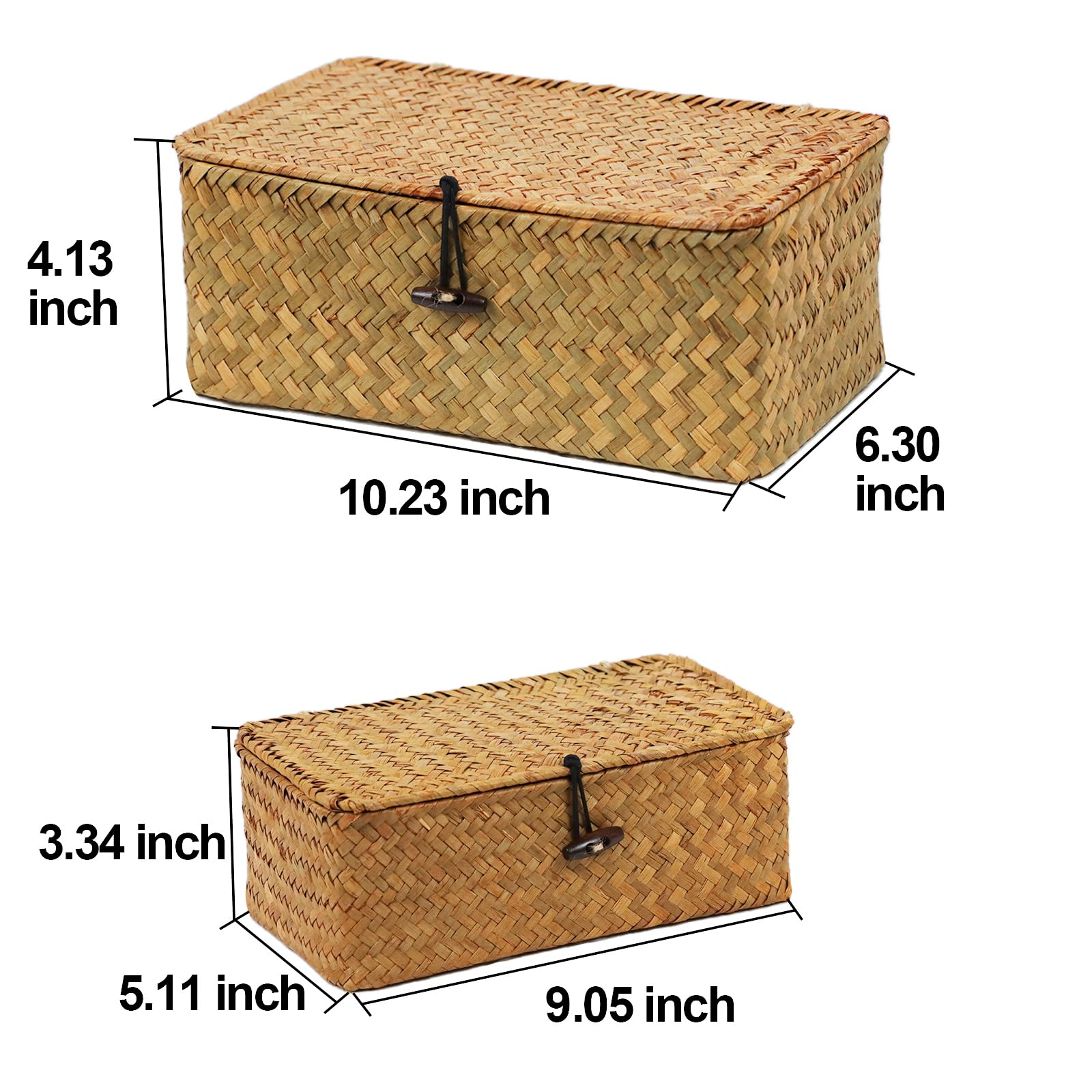 Set Of 2 Wicker Basket With Lid, Seagrass Woven Basket For Storage, Decorative Storage Baskets Bins For Organizing Home