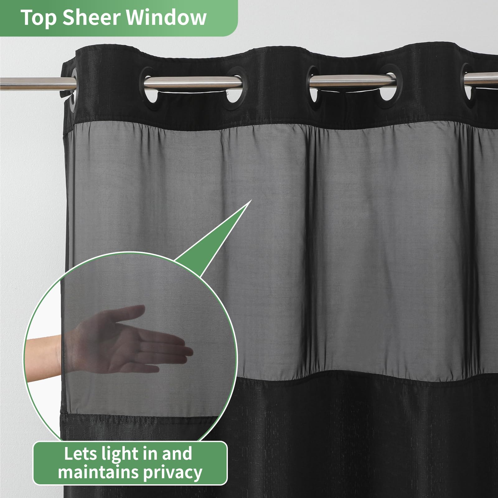 Eachope Black Long No Hook Shower Curtain With Snap-In Fabric Liner Set,Slub Textured Fabric Shower Curtains For Bathroom,Hotel