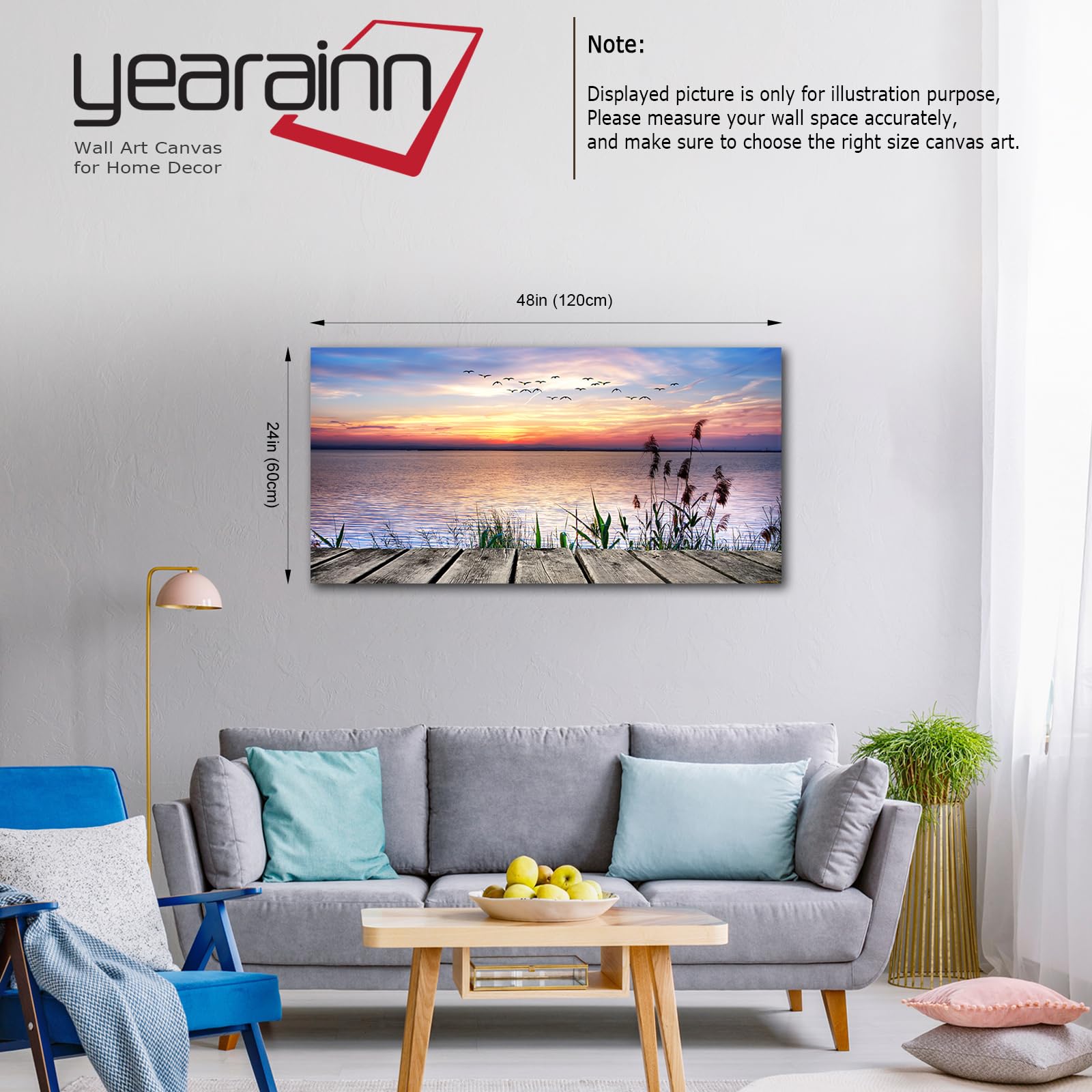 Large Wall Art for Living Room Peaceful Lake Sunset for Bedroom Wall Decor Contemporary Canvas Wall Art Nature Sunset Dock Flying Birds Grass Landscape for Home Office Decoration 24'' x 48''