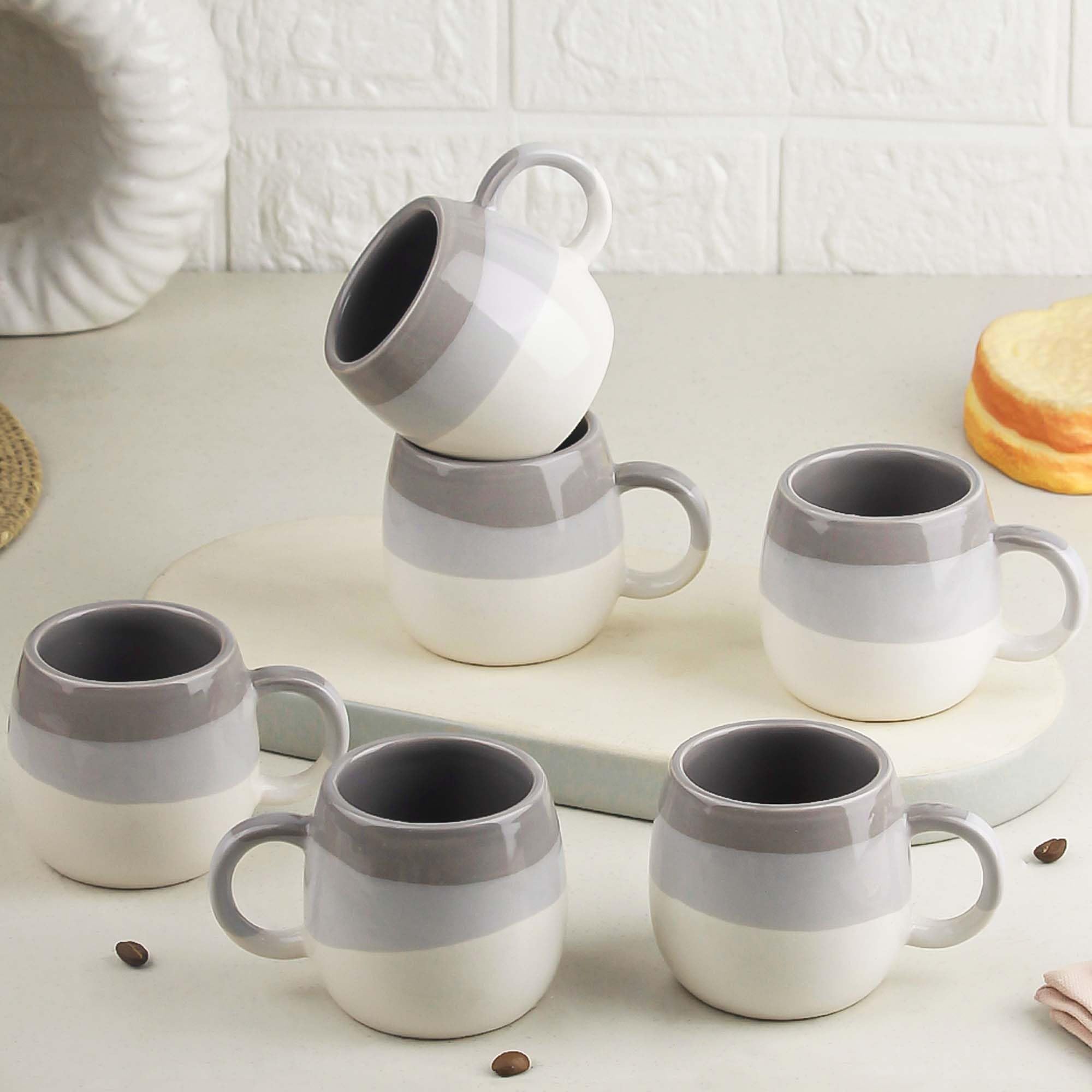 The Earth Store Tritone Grey Ovule Shape Cup Set Of 6 For Tea, Microwave And Dishwasher Safe, Perfect For Every Occasion Capacit