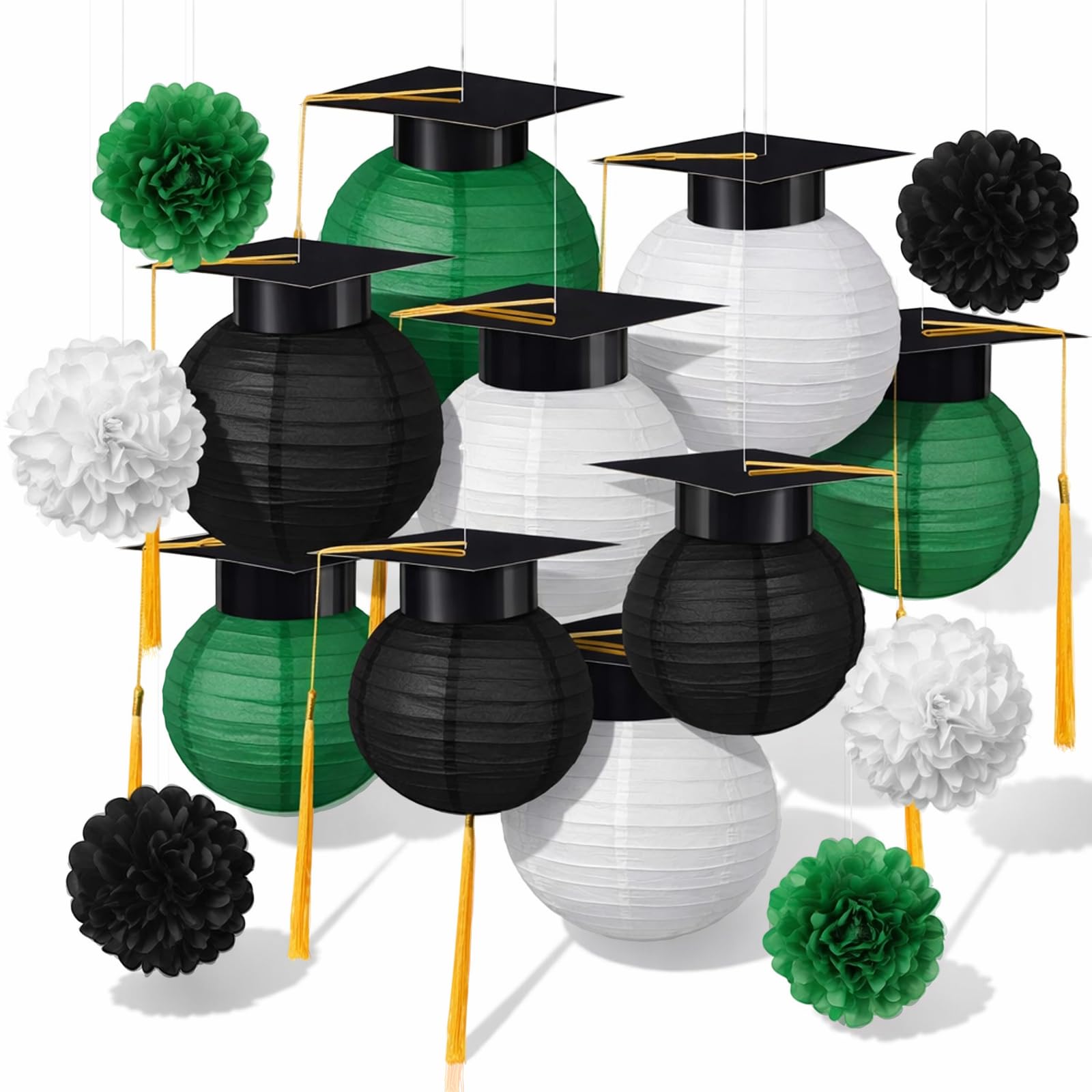 Gilprop 15 Pcs Black and Green Graduation Decoration 2026 Paper Lanterns Graduation Party Decorations Hanging Round Paper Lanter