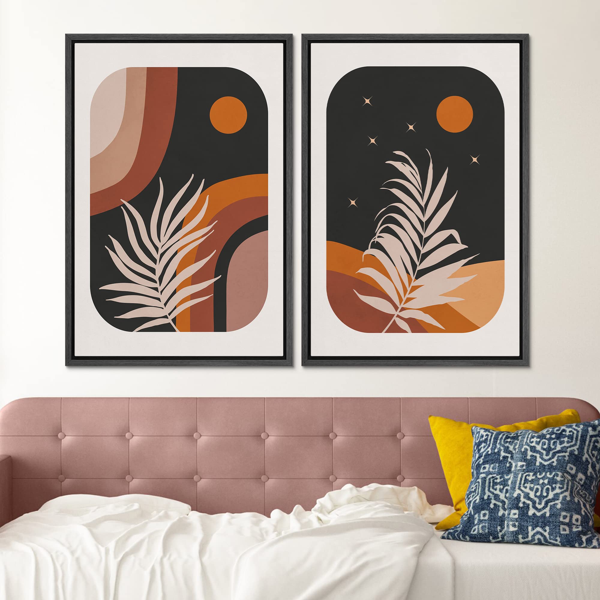 Signford Framed Canvas Print Wall Art Set Retro Mid-Century Palm Leaf Landscapes Abstract Shapes Illustrations Modern Art Decora