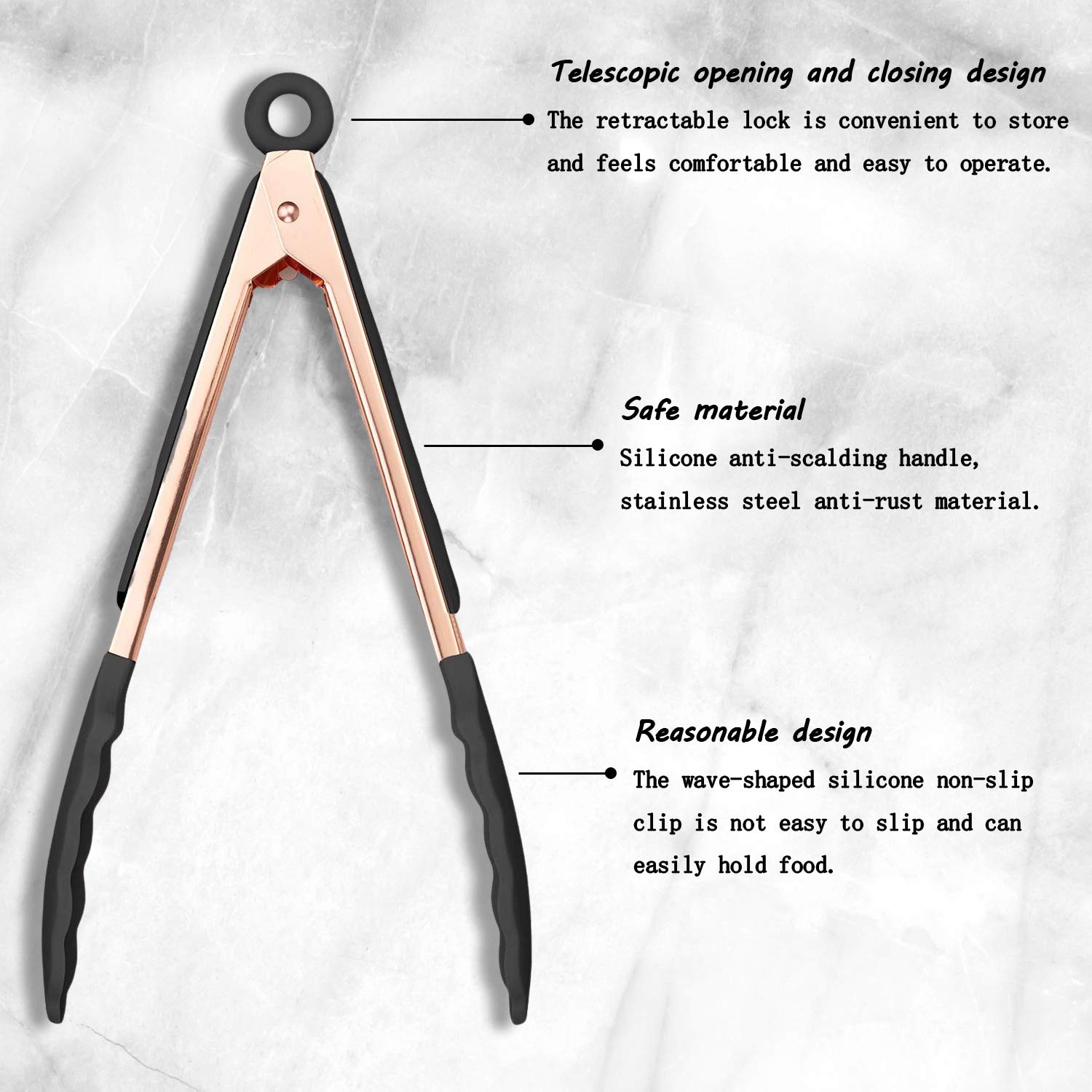 Kaishane Kitchen Food Tongs-Rose Gold Tongs Copper Stainless Steel Silicone Tipped Kitchen Food Bbq And Cooking Tongs Set 9    A