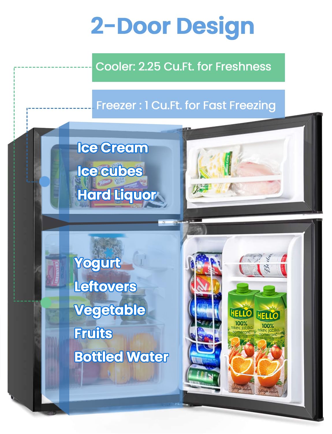 Nafort Mini Fridge With Freezer 3.2 Cu Ft. 2-Door Freezer Cooler Refrigerator With Reversible Door, Removable Glass Shelves&Draw