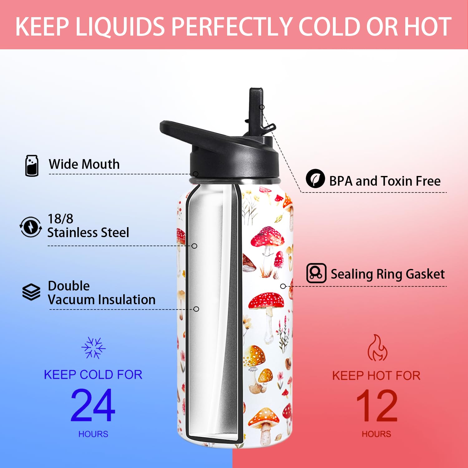 32oz Mushroom Stainless Insulated Aater Water Bottle with Straw,Mushroom Gym Hiking Sports Coffee Mug Cup Water Bottles,Mushroom