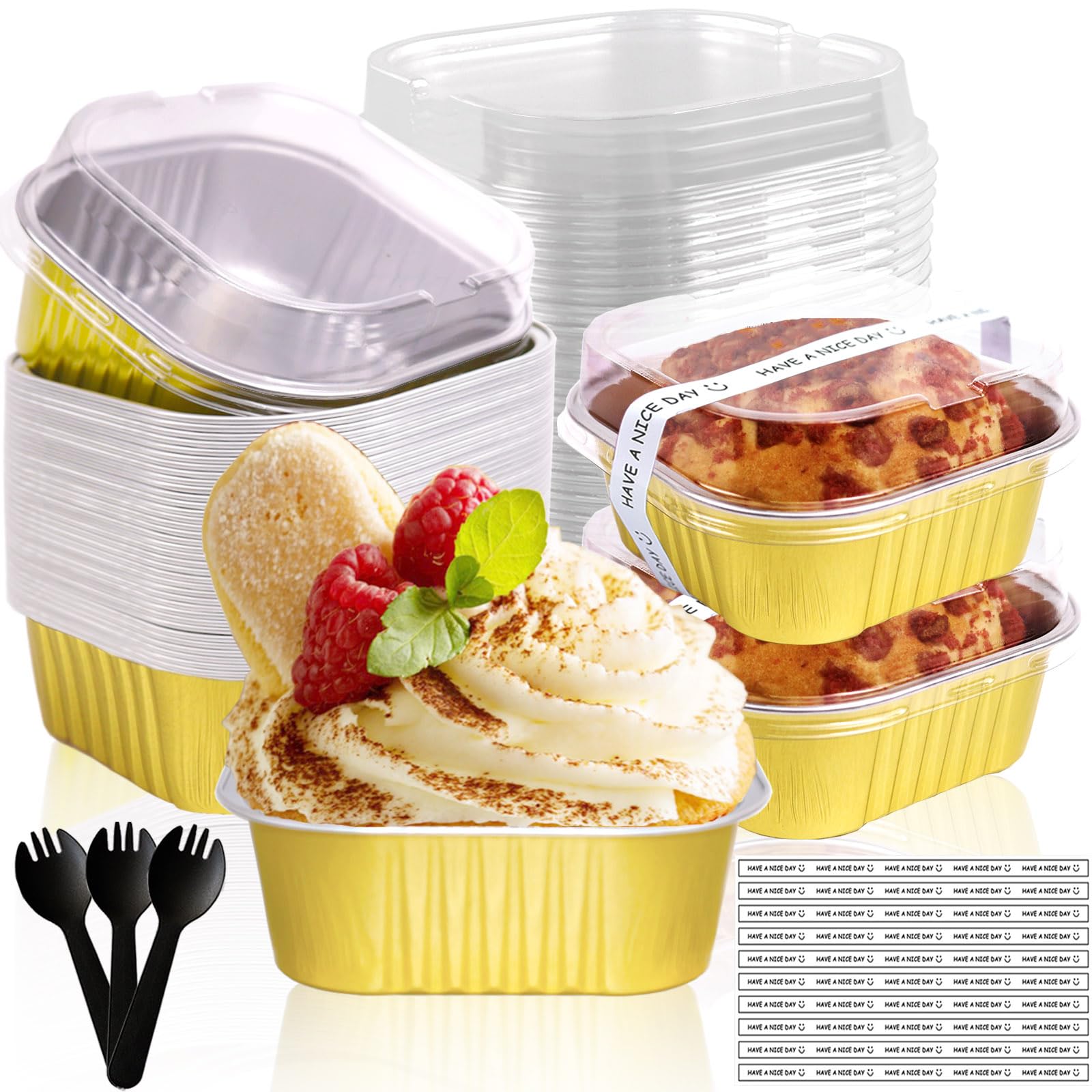 BZIDII 10oz Mini Cake Pans With Lids 50 Pack Aluminum Foil Square Brownie Baking Cups,Disposable Loaf Pans With Lids and Spoons 