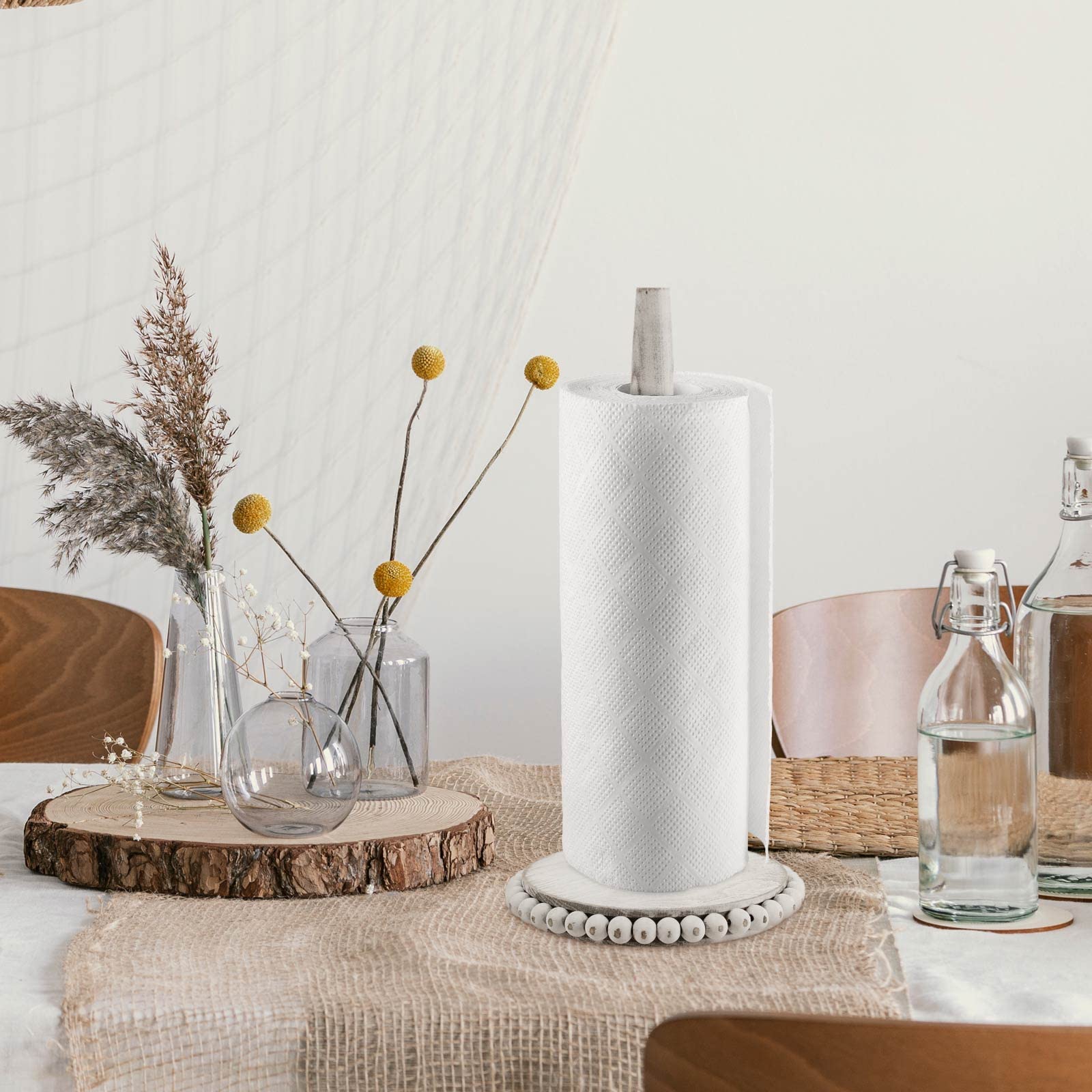 Farmhouse Paper Towel Holder Washed Beaded Paper Towel Stand Wood Paper Hanger Rack Standing Towel Roll Stand Organizer Paper Ro