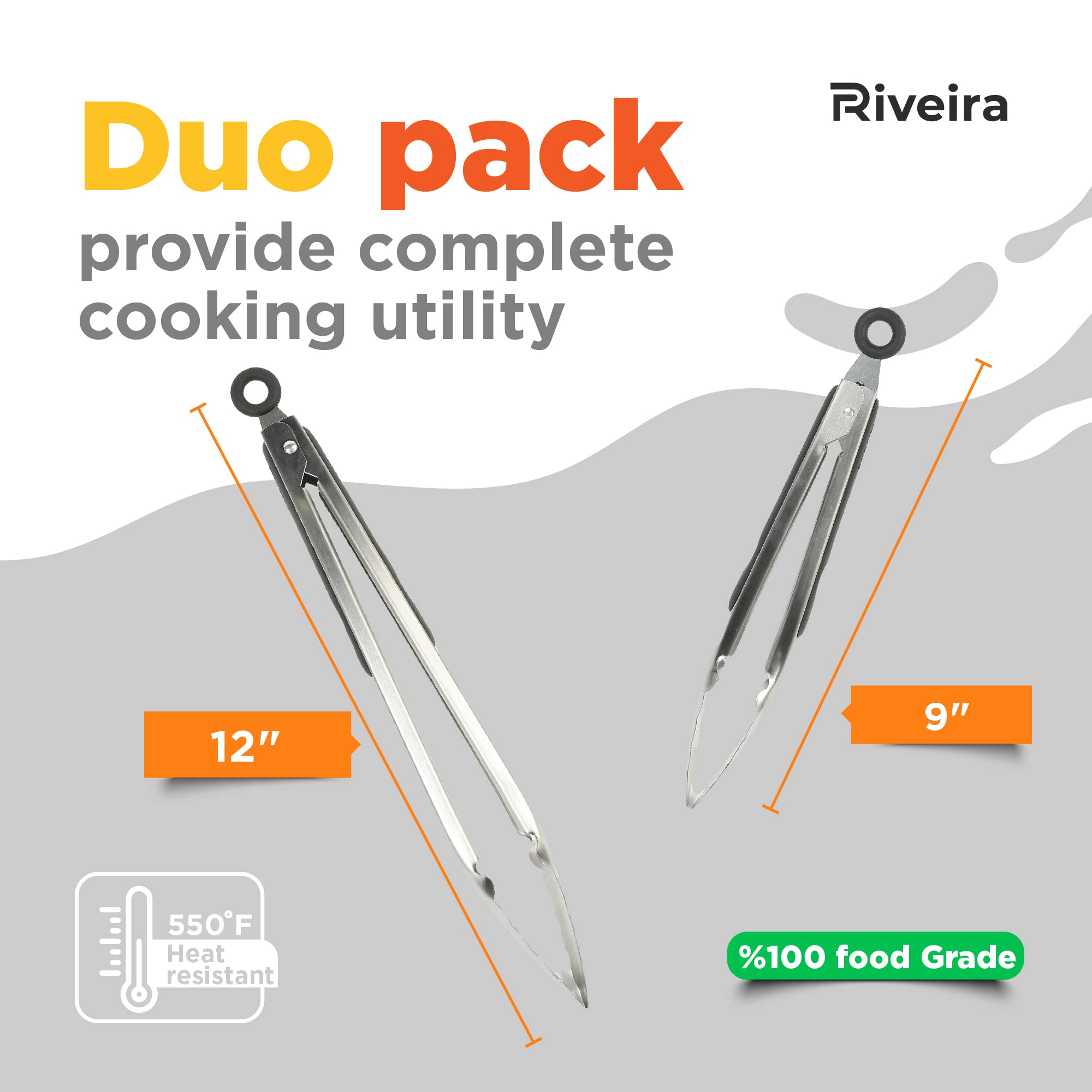 Riveira Stainless Steel Tongs For Cooking 9 And 12 Inch | Non-Stick Kitchen Grill Tongs | Bbq Tongs For Grill | 550F High Heat-R
