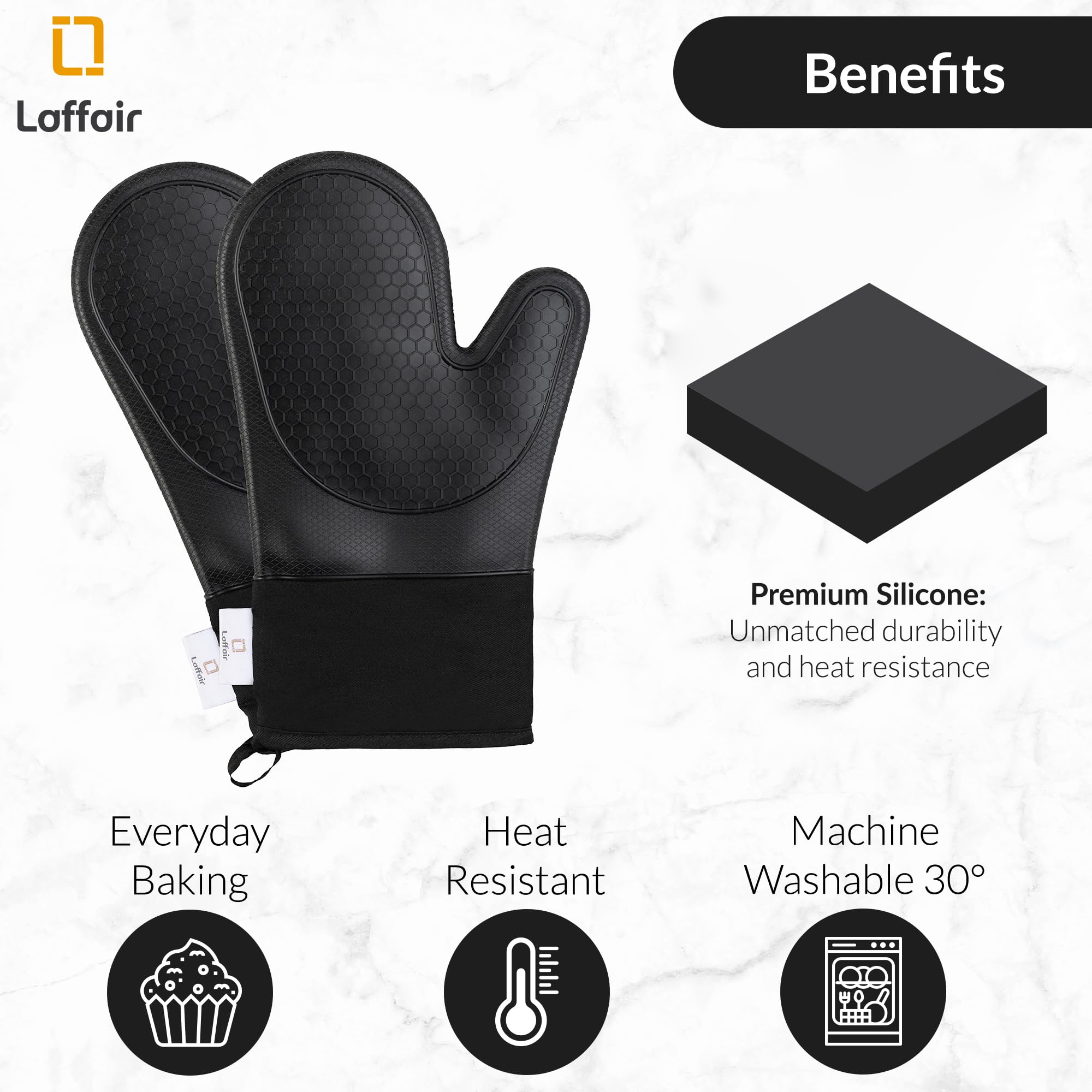 Silicone Oven Gloves Heat Resistant By Laffair - Black Oven Gloves Silicone Oven Mitts Heat Resistant - Premium Non-Slip Design