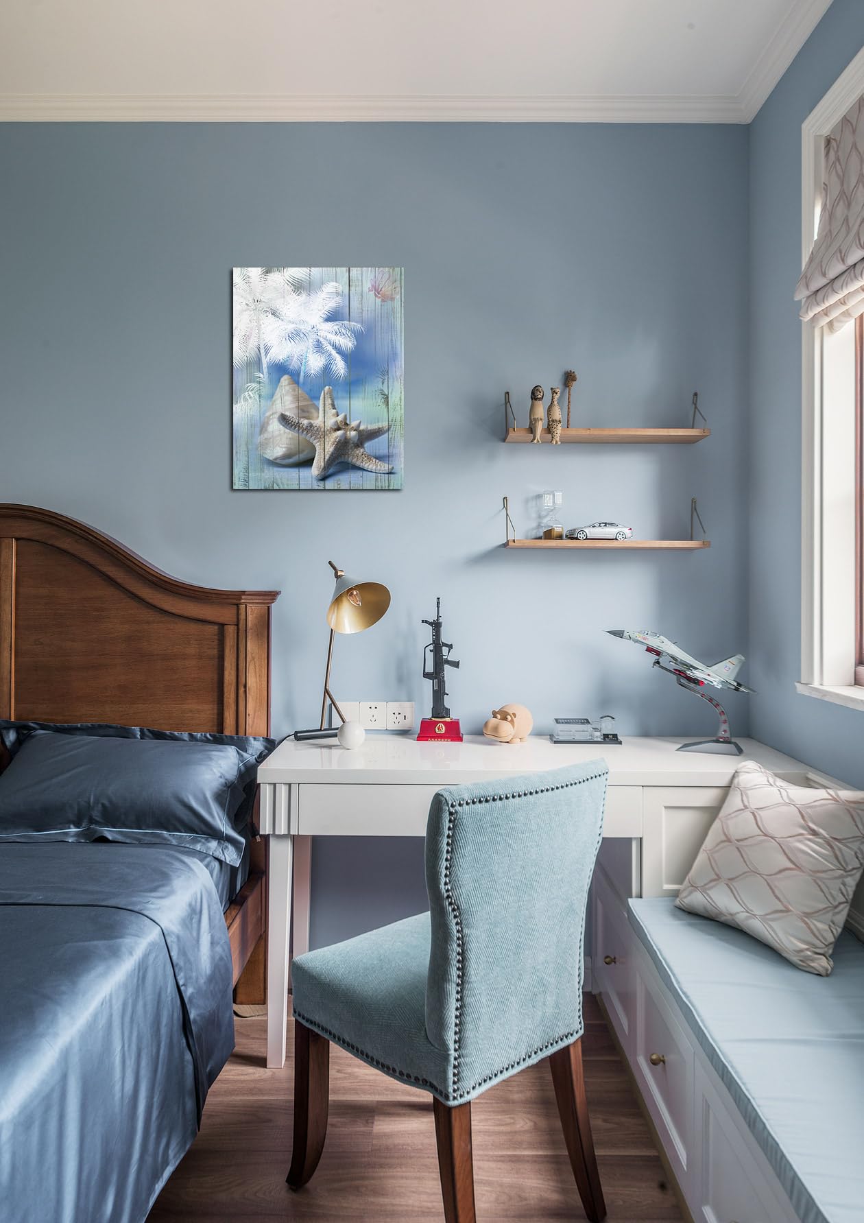 Acocifi Bathroom Blue Ocean Picture Palm Tree Coastal Conch Seashell Painting Starfish Canvas Wall Art Modern Artwork Framed For