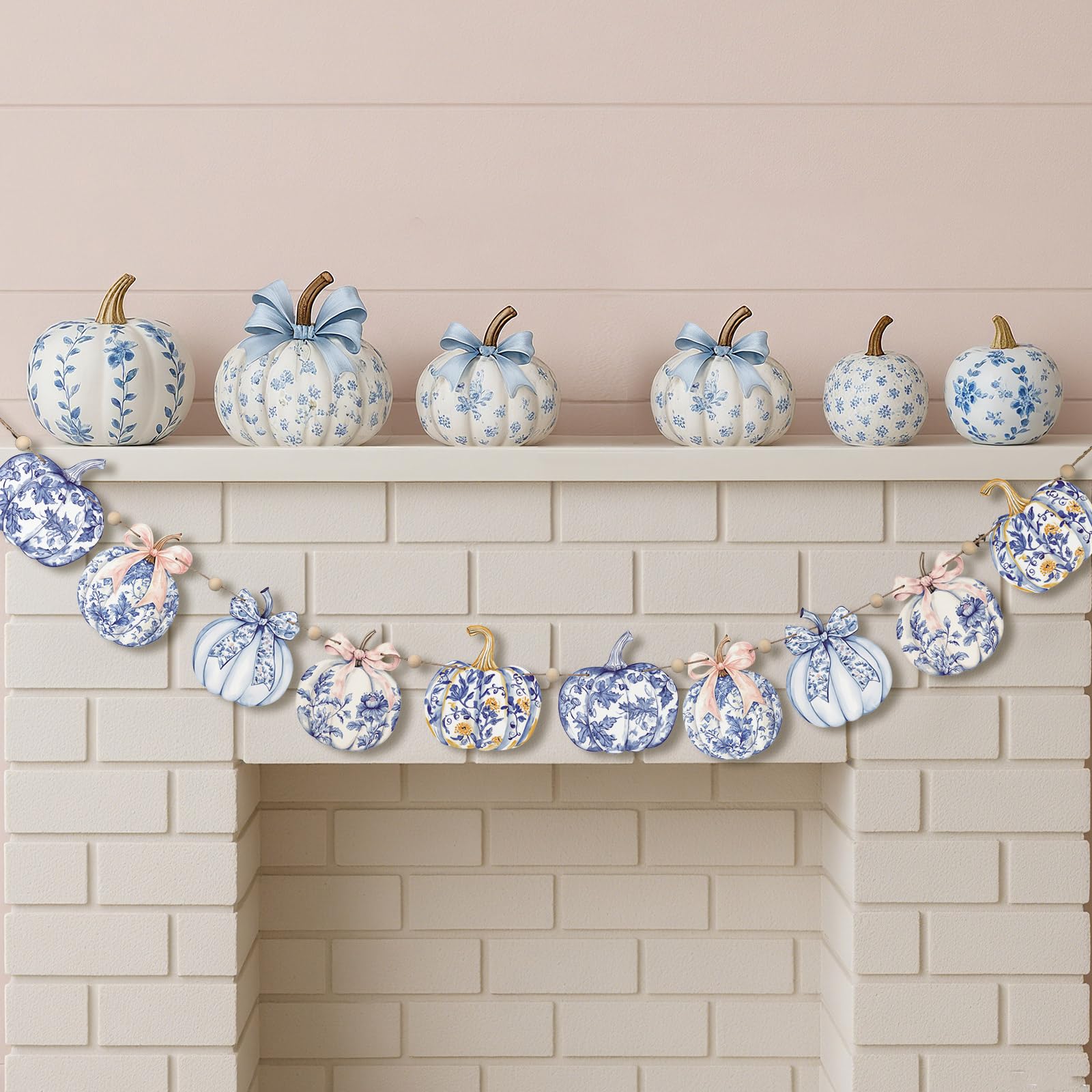 Cinnvoice 8.2 ft Fall Decorations Blue and White Porcelain Pumpkin Garland Wooden Bow Pumpkin Leaves Banner Chinoiserie Fall Ban