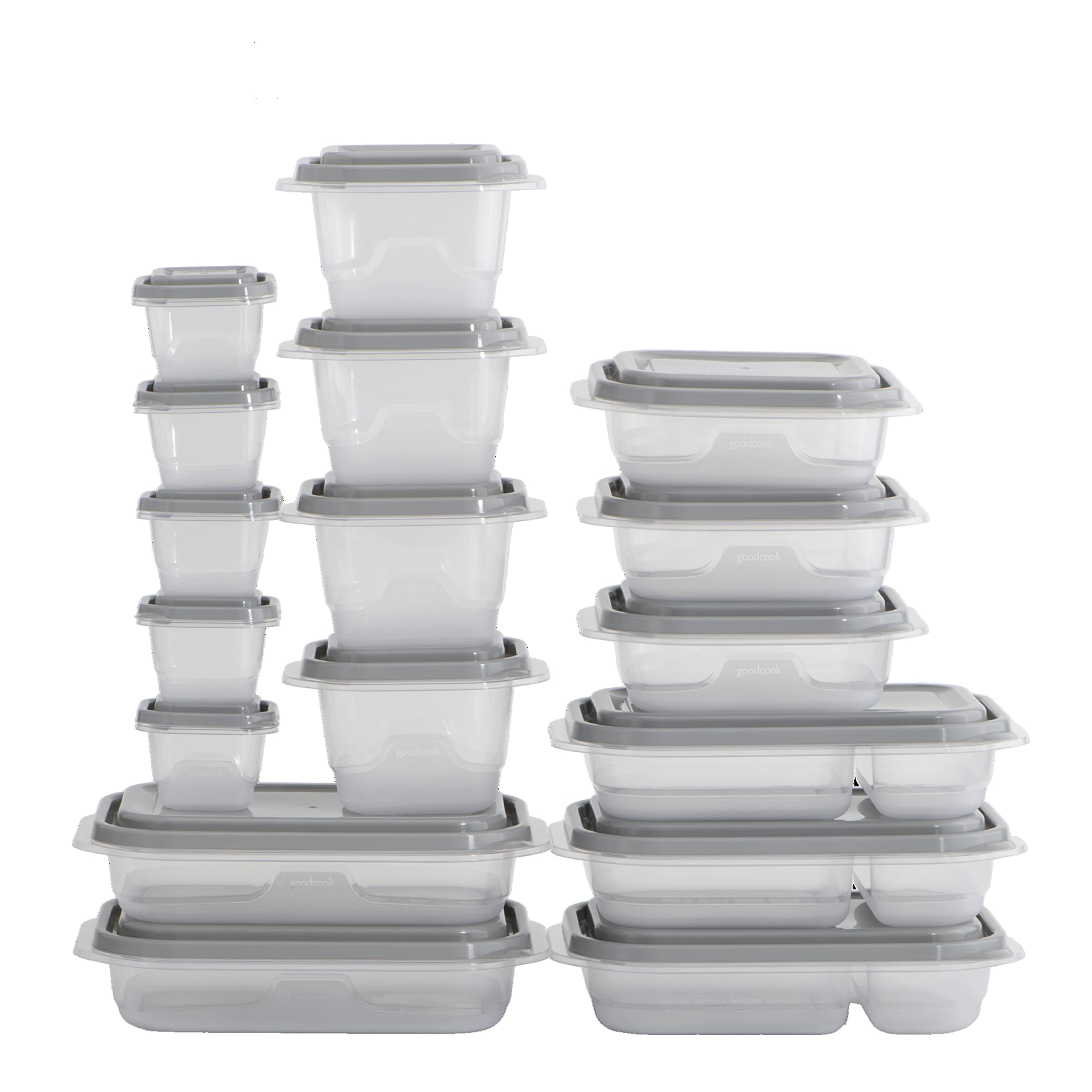 GoodCook EveryWare 34Piece BPAFree Plastic Food Storage Containers with Lids (Set of 17), Clear/Grey