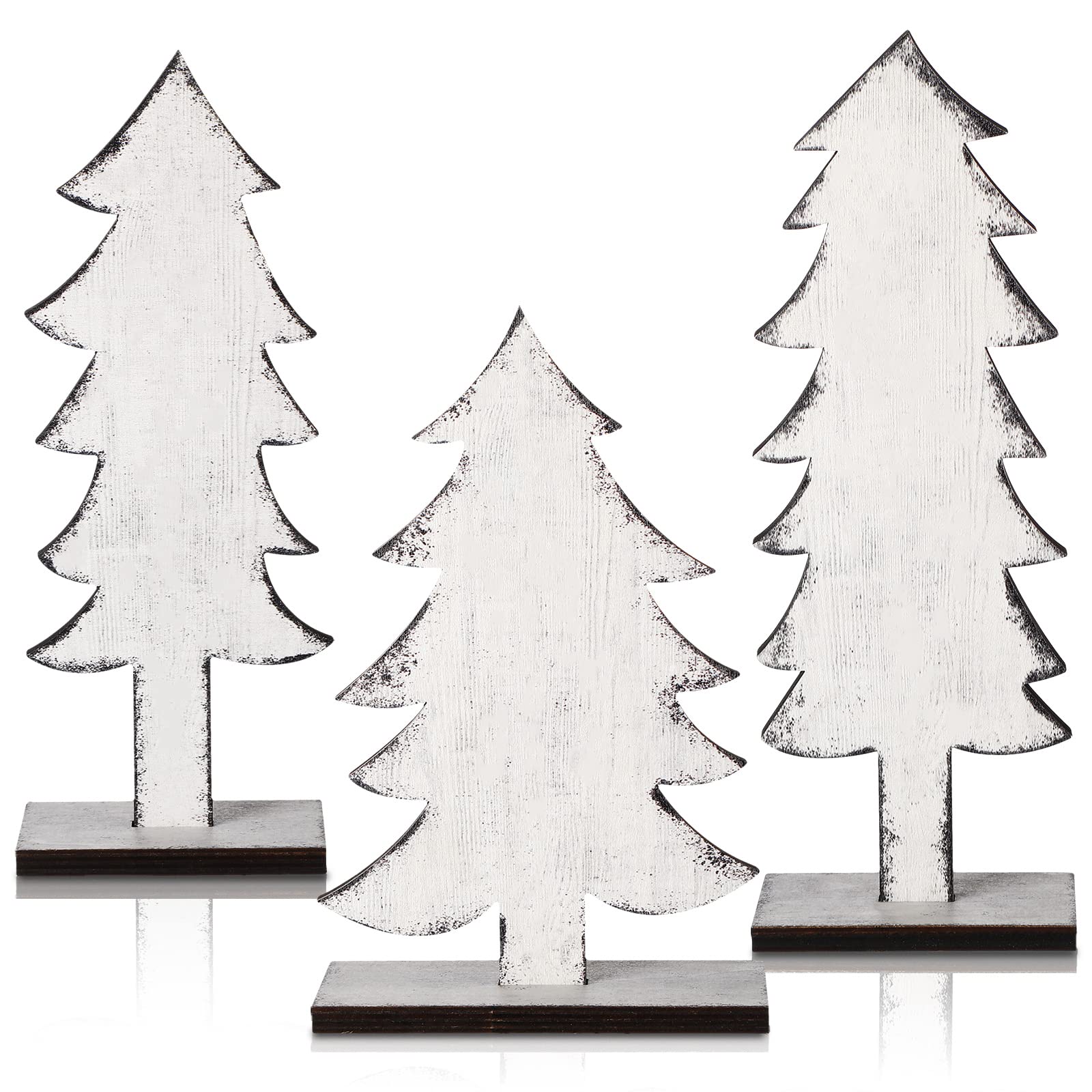 Meooeck 3 Pcs White Wood Christmas Trees Tabletop Rustic Christmas Decor Farmhouse Centerpieces Decorations for Tables with Rect