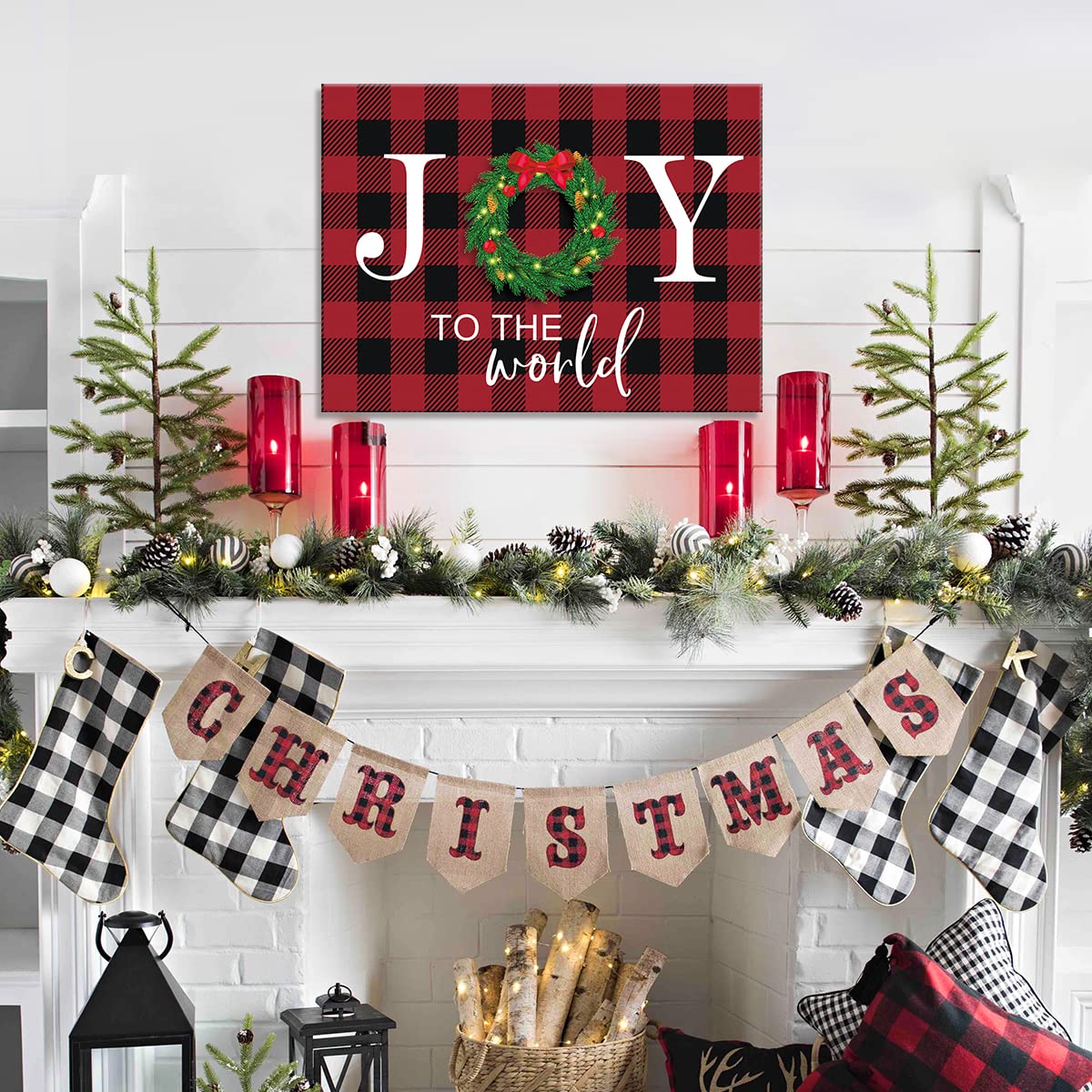 Kairne Christmas Decoration Joy Sign Wall Art(12X16Inch) Rustic Buffalo Plaid Xmas Wreath Canvas Art Print,Holiday Farmhouse Hap
