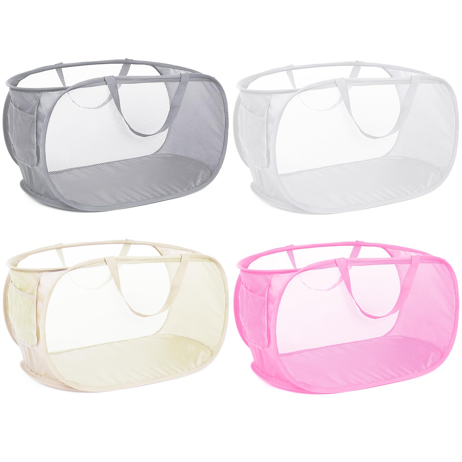 4 Pack Collapsible Laundry Baskets, Foldable Laundry Basket With Pocket, Durable Mesh Pop Up Hampers, Reinforced Handles Dirty C