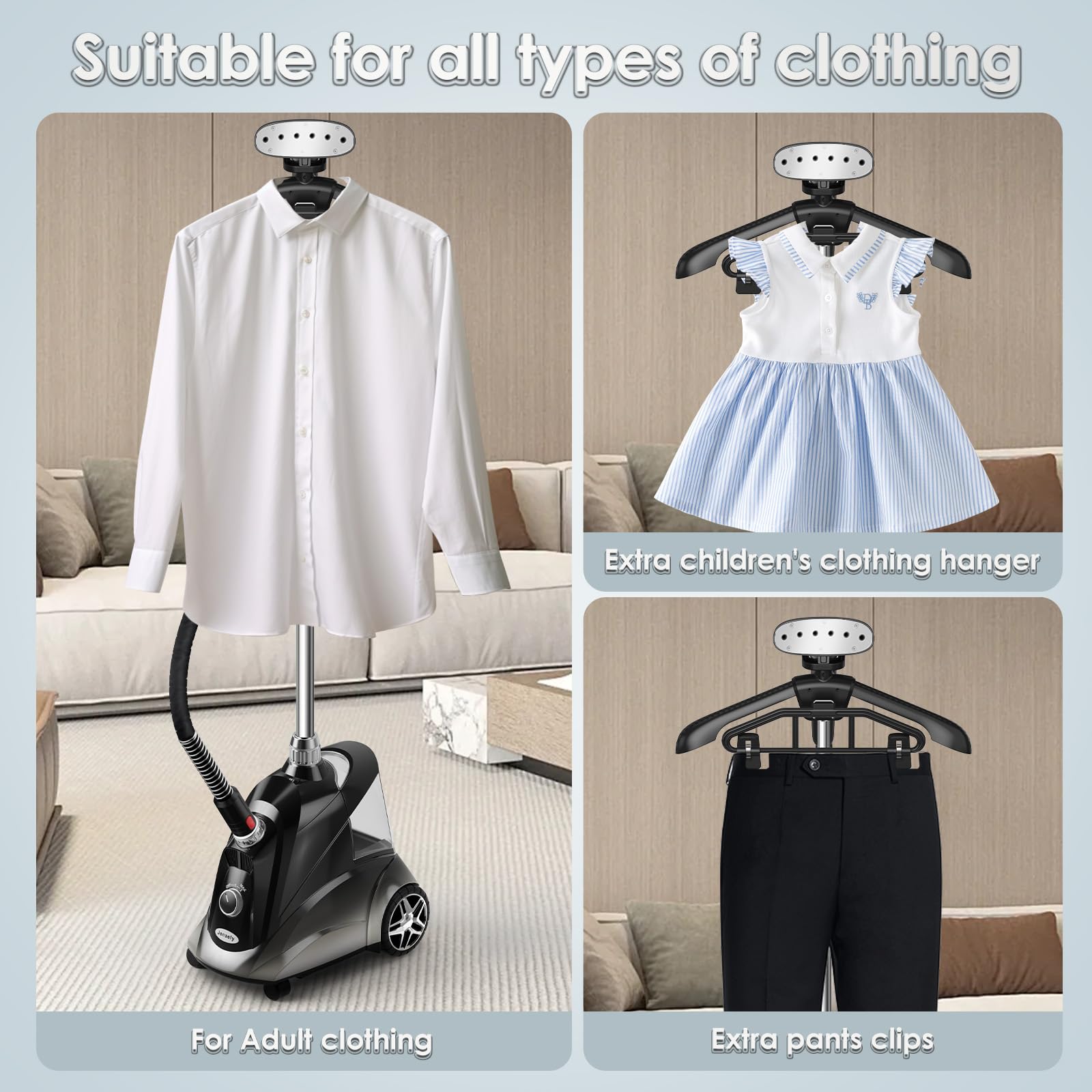 Jenaely 1500W Standing Garment Steamer, 2.8L Tank, Fast Heat-up, Black & Silver, Model JNLY-04