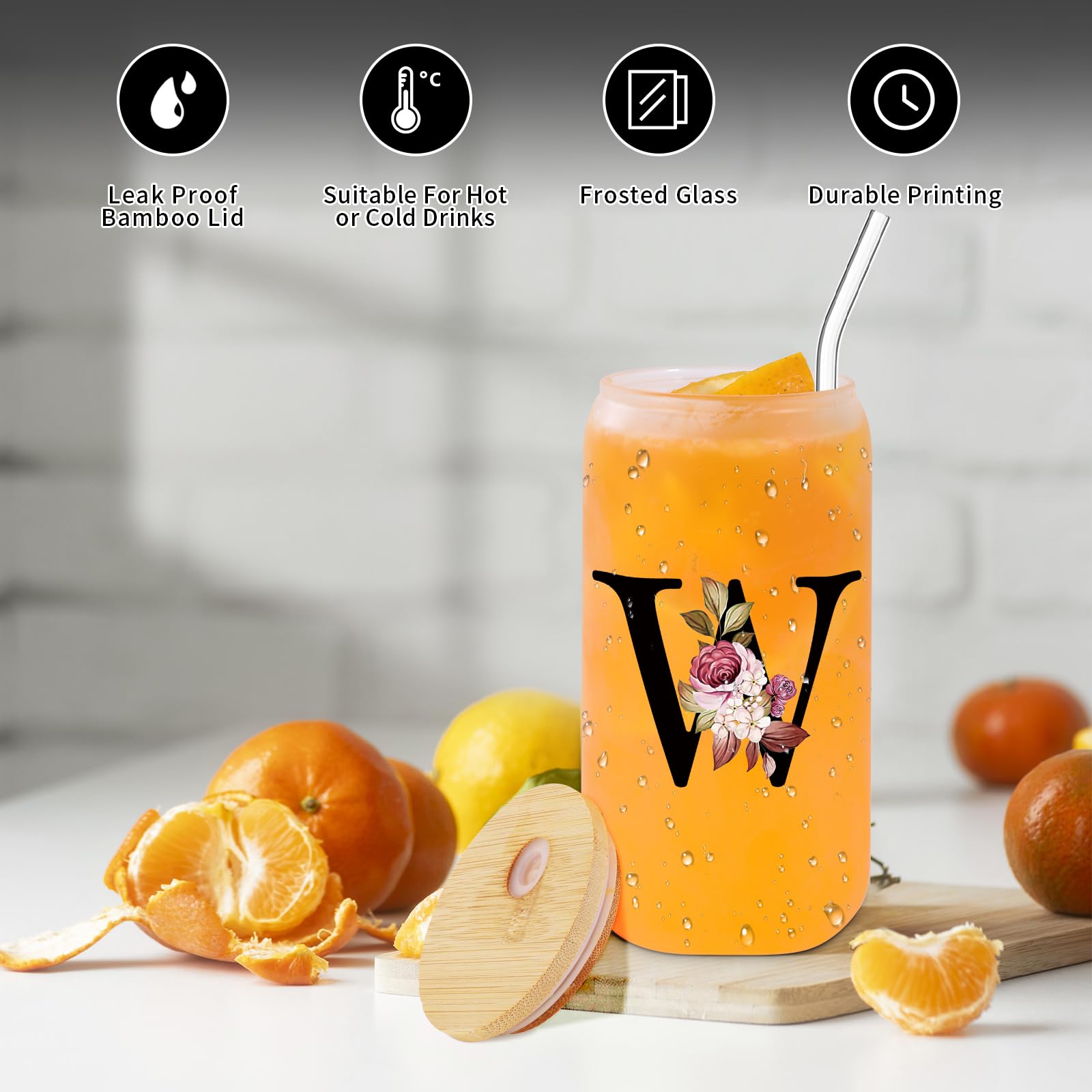 Wulcea Monogrammed Glass Drinking Cup With Lid Straw Women Men Teacher Christmas Music Dance Science Daycare Special Education N