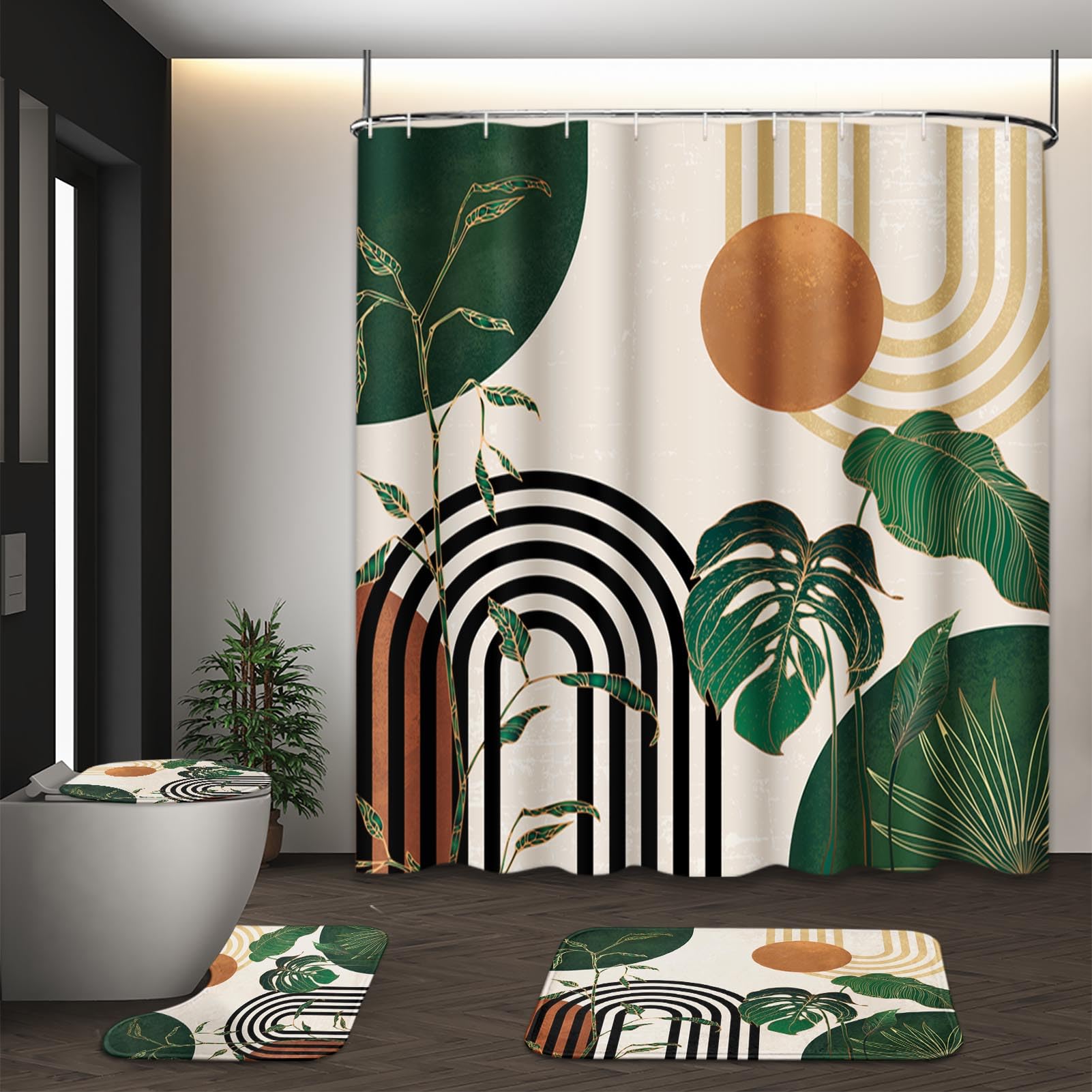 Tayney Green Boho Mid Century Shower Curtain Set With Toilet Lid Cover And Non-Slip Rugs, Abstract Retro Tropical 4 Pcs Modern M