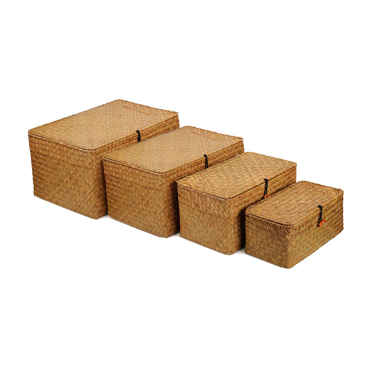 4 Pack, Wicker Baskets With Lids, Nautral Seagrass Storage Baskets, Woven Rectangular Basket Bins, Rattan Storage Organizer For
