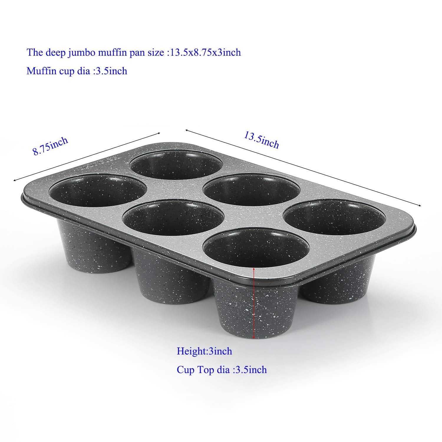 Monfish 2Pcs Deep Jumbo Muffin Pan 6 Cup Carbon Steel Black Stone Non Stick Coating Muffin Tin 3.5Diax3 Cup