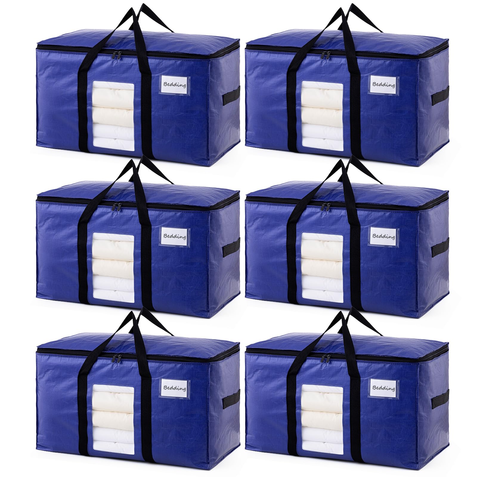 TAILI 6 Pack Dark Blue Extra Large Storage Bags, Heavy Duty Totes with Visible Window, Wrap Around Handles, Perfect for Moving