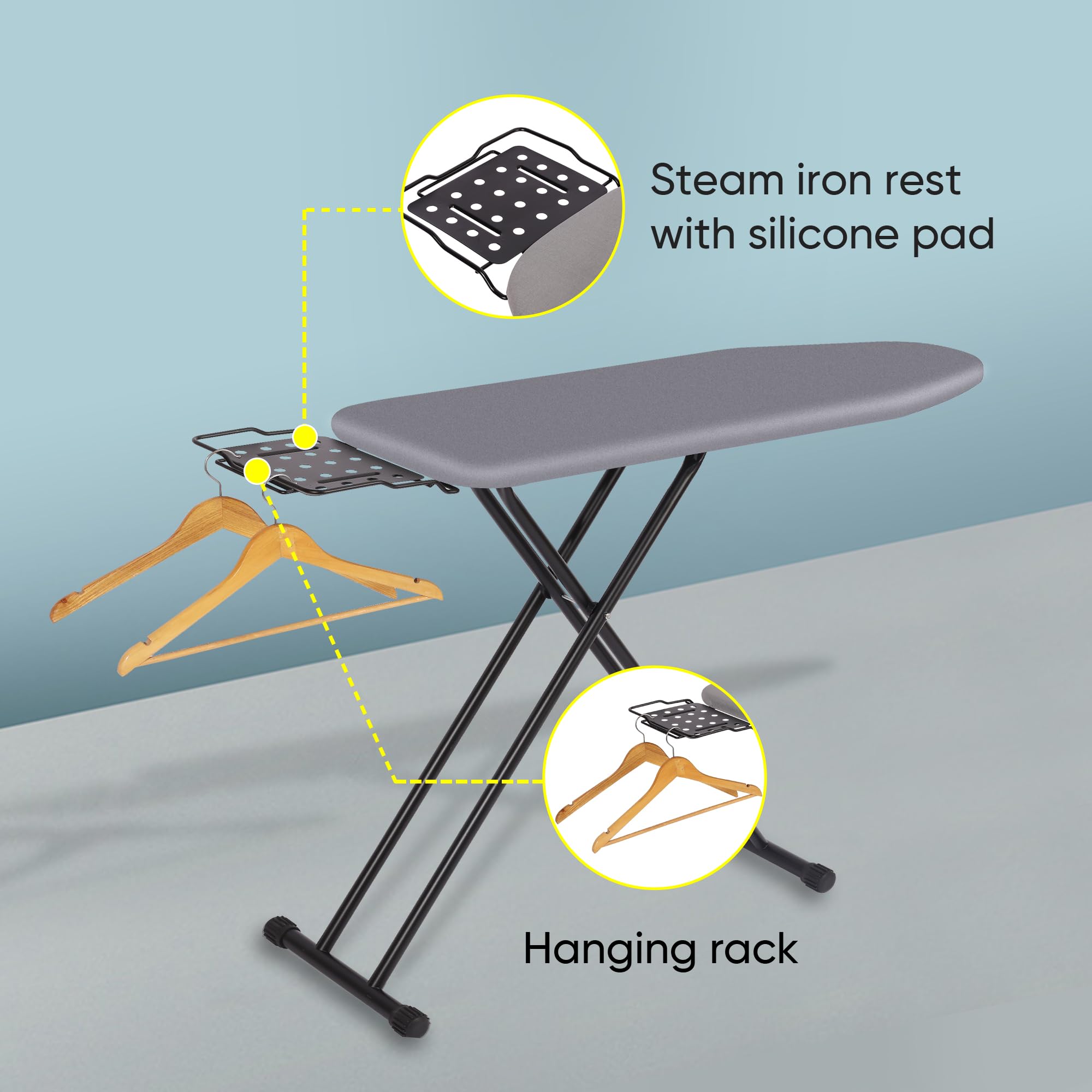 Jakeefud Deluxe Ironing Board With Heat Resistant Cover And Thicken Felt Pad, Heavy Sturdy Legs,Full Size Hanger Iron Board,Fold