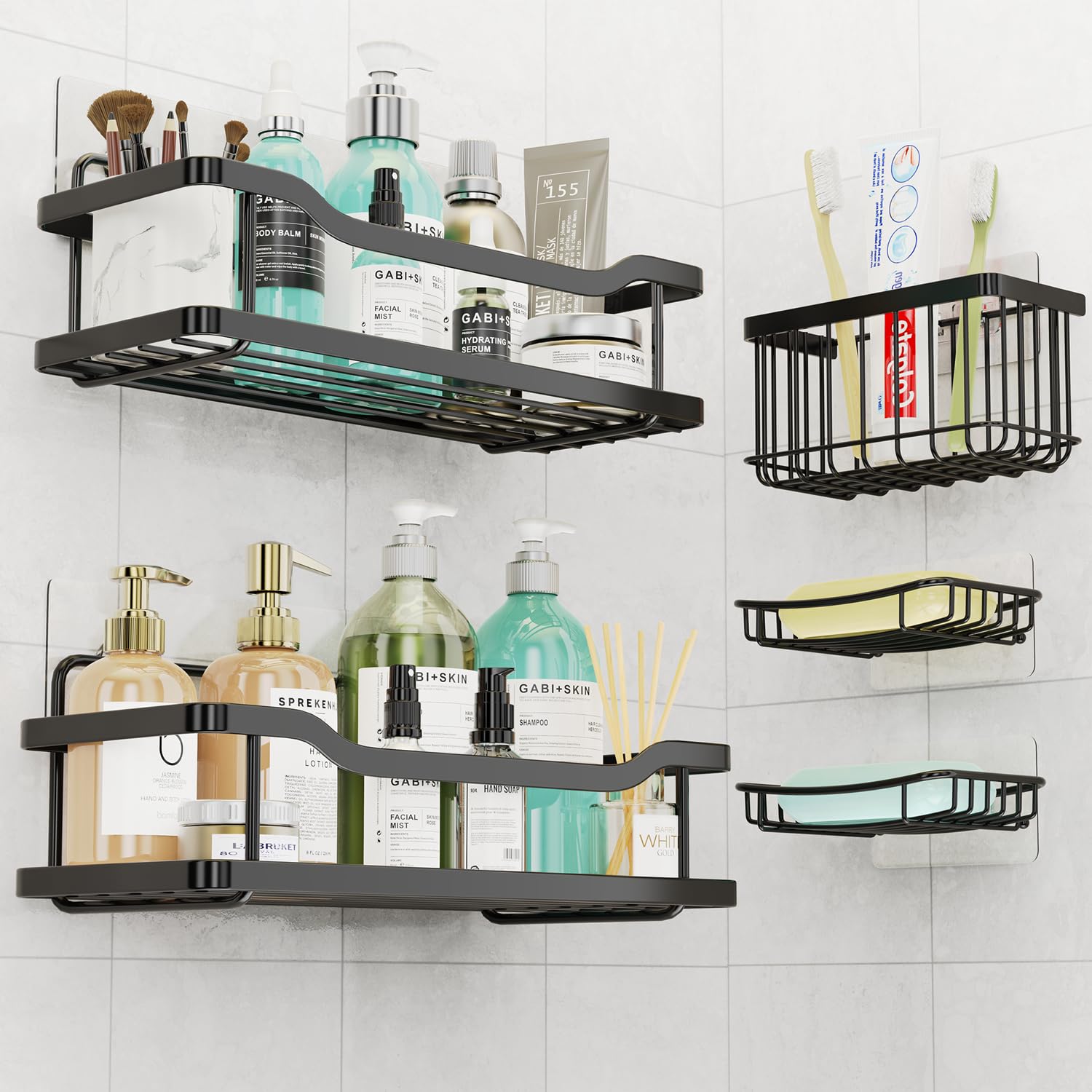 OMAIRA 5-Pack Shower Caddy with Soap Holder, Adhesive Rustproof No-drill Strudy Loading Inside Shower Organizer Shelves Rack Sto