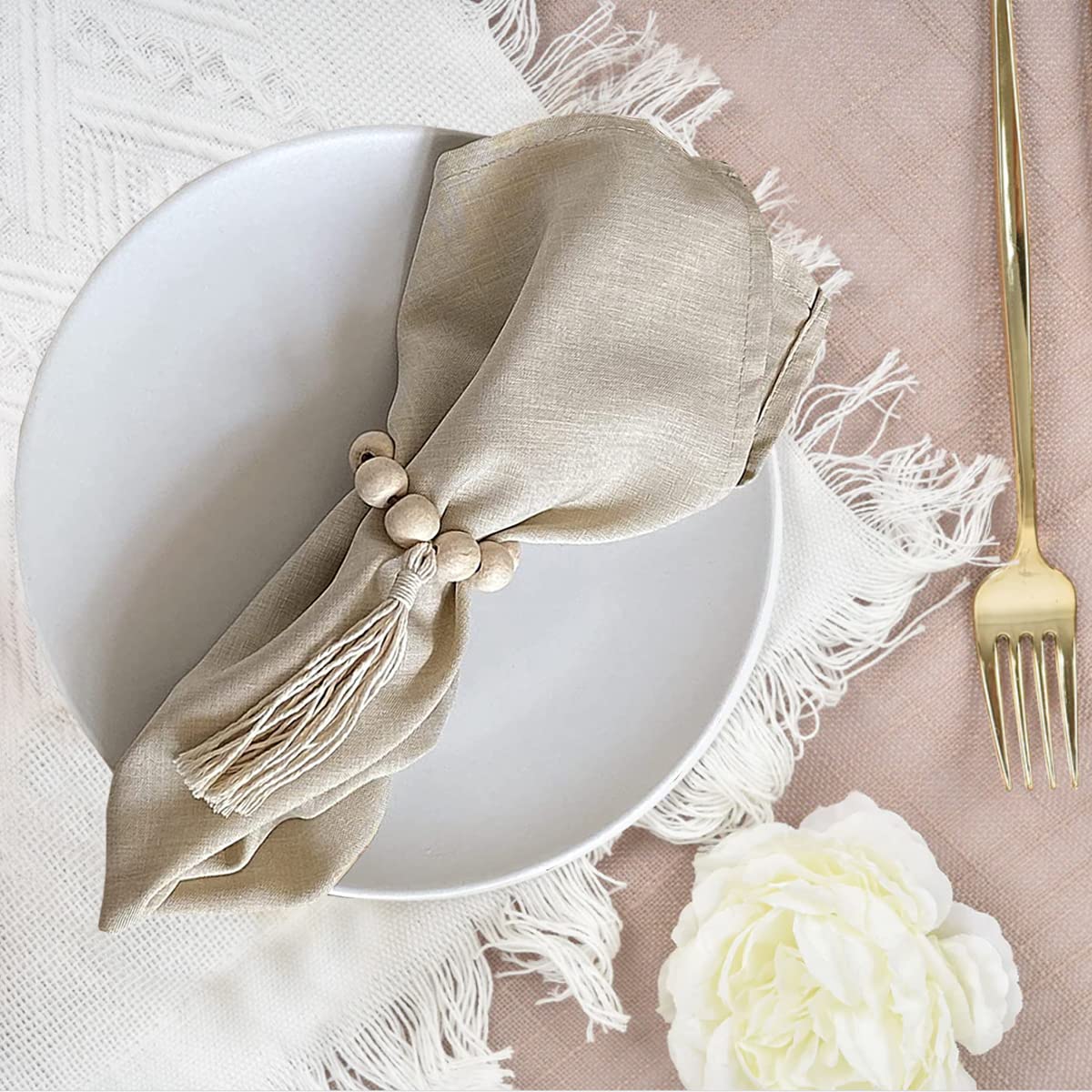 LEBEJUA Handmade Napkin Ring with Wood Beads & Jute Twine - Affordable Rustic Wooden Napkin Ring Holder for Table Decoration  Boho Style Farmhouse Napkin Rings  Napkin Rings Set of 6