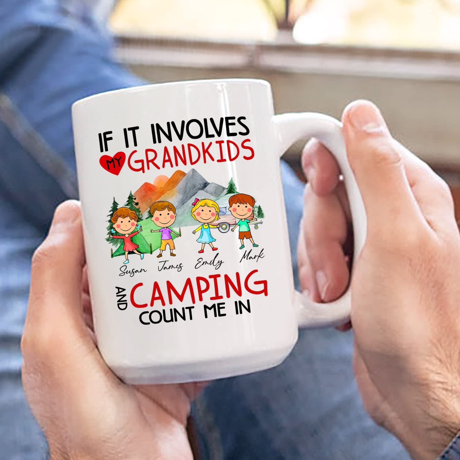 Personalized Camping Gifts, If It Involves My Grandkids And Camping Count Me In Mug, Custom Grandkids Names Mug, Grandpa Mug, Gr