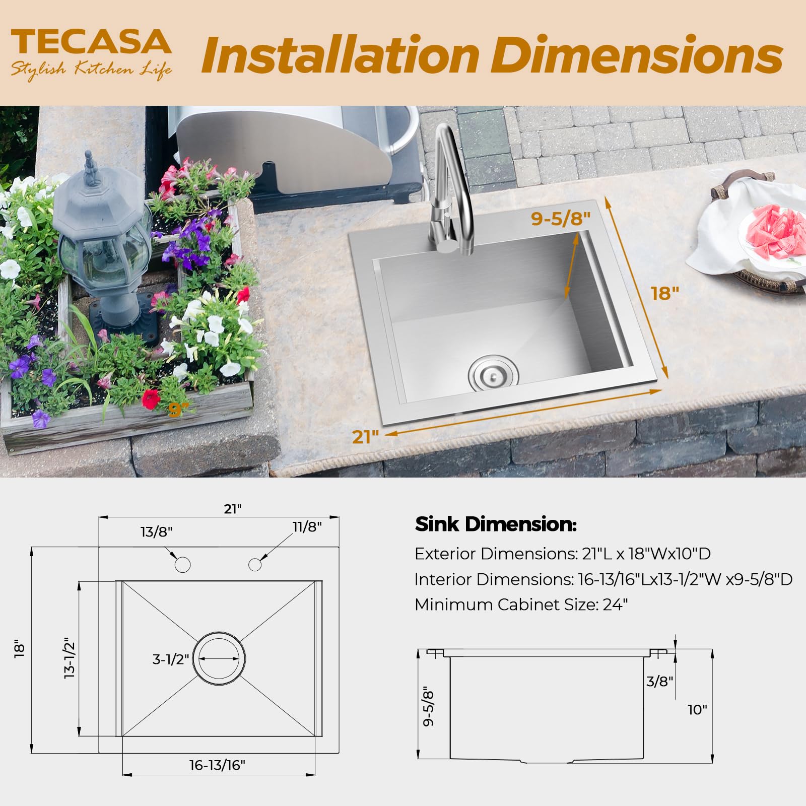 Outdoor Sink, Tecasa 21 X 18 Inch Drop-In Workstation Kitchen Sink, T304 Stainless Steel Kitchen Bar Sink, Single Bowl Bar Sink