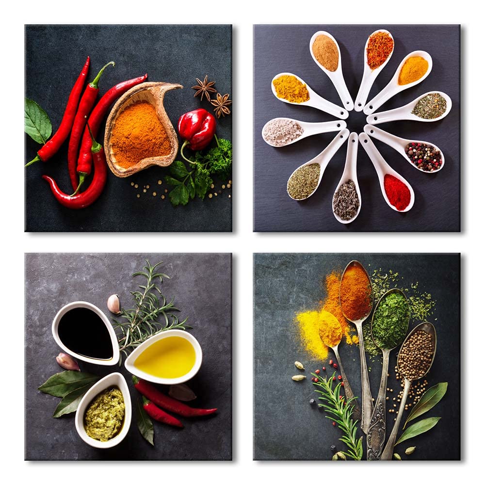 Pyradecor Large 4 Pieces Colorful Spices And Spoon Vintage Canvas Prints Still Life Paintings Pictures Canvas Wall Art For Livin