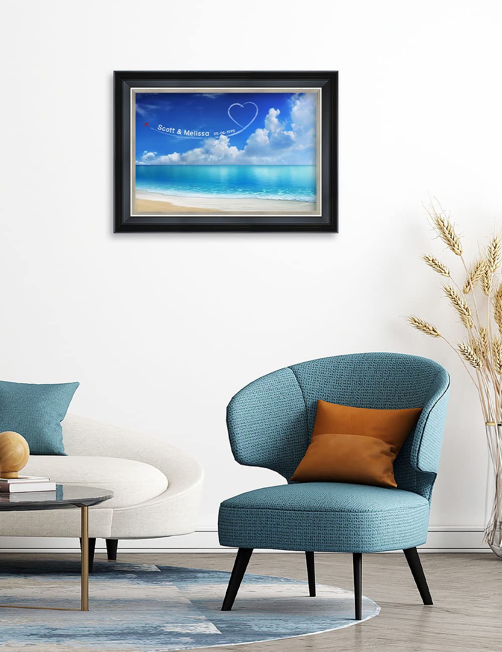 Ipic - Seaside Skywriting Personalized Framed Wall Art With Names And Date On, Giclee Prints With Solid Wood Frame, Customized G