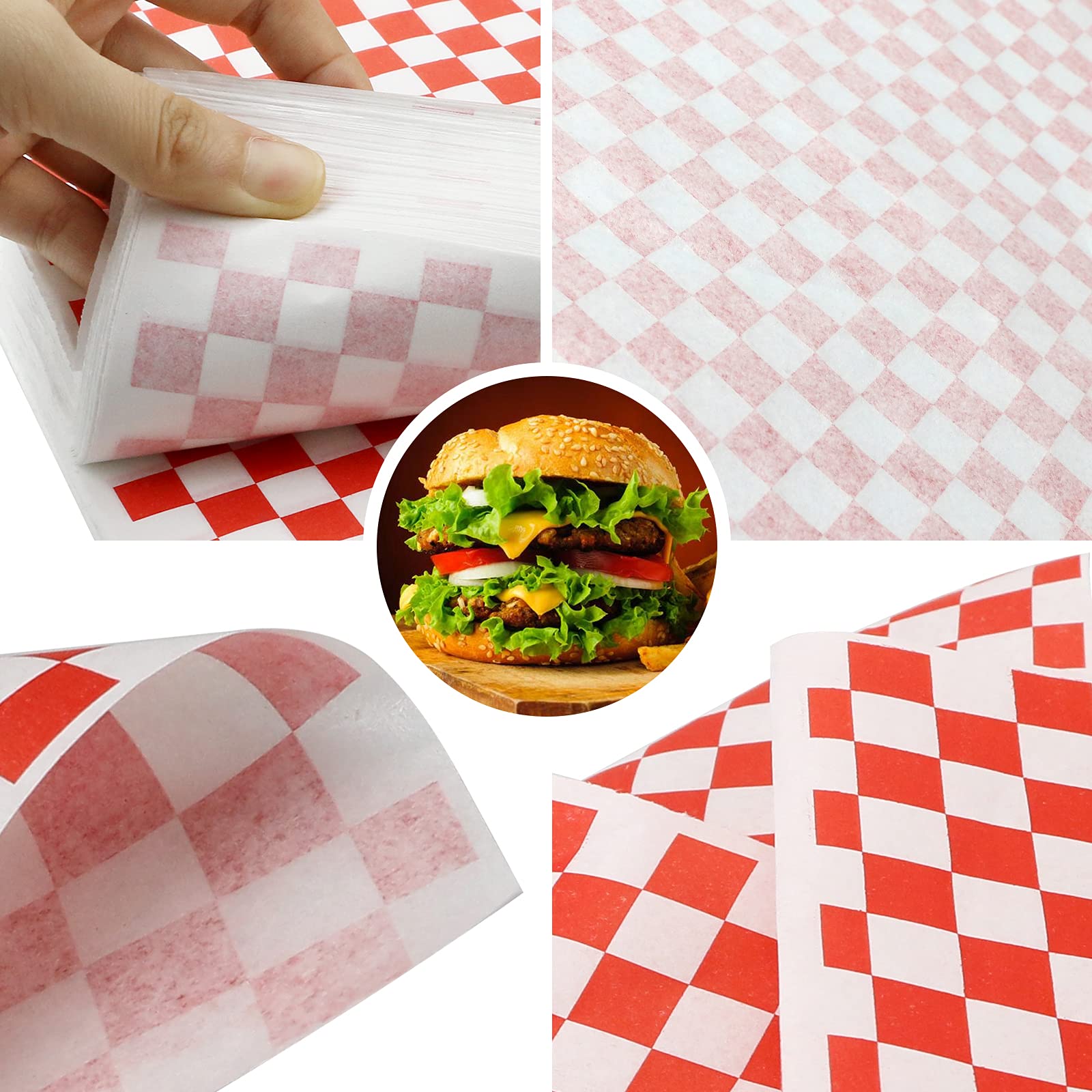 Oomcu 200 Sheets Red and White Checkered Dry Waxed Deli Paper Sheets  Paper Liners for Plastic Food Basket  Special for Wrapping Bread and Sandwiches(11.5''x11.5'')