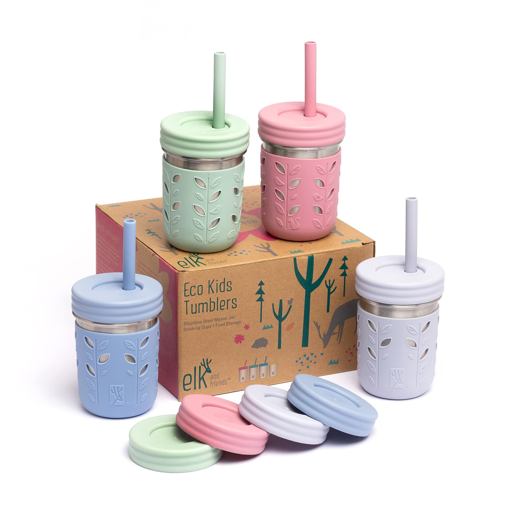 Elk and Friends 10oz Stainless Steel Kids + Toddler Drinking Cups | The Original Mason Jar with Sleeves + Lids | Silicone Straws