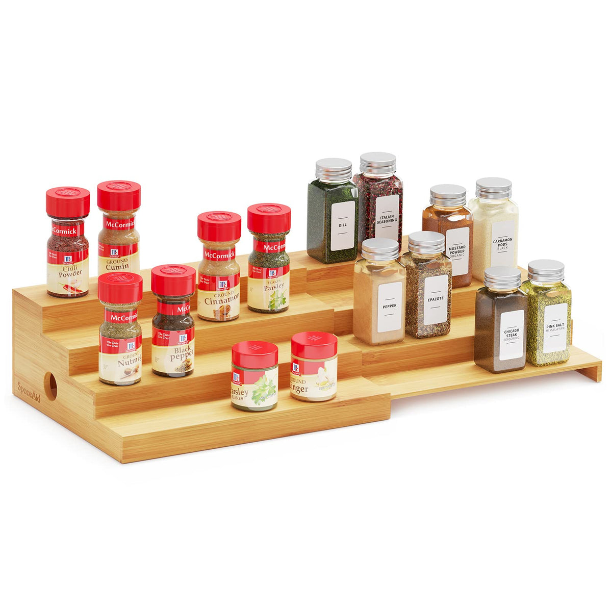 SpaceAid 4 Tier Bamboo Spice Rack Organizer for Cabinet, Kitchen Pantry Spices Storage Rack for Cabinets Organization, Home Seas