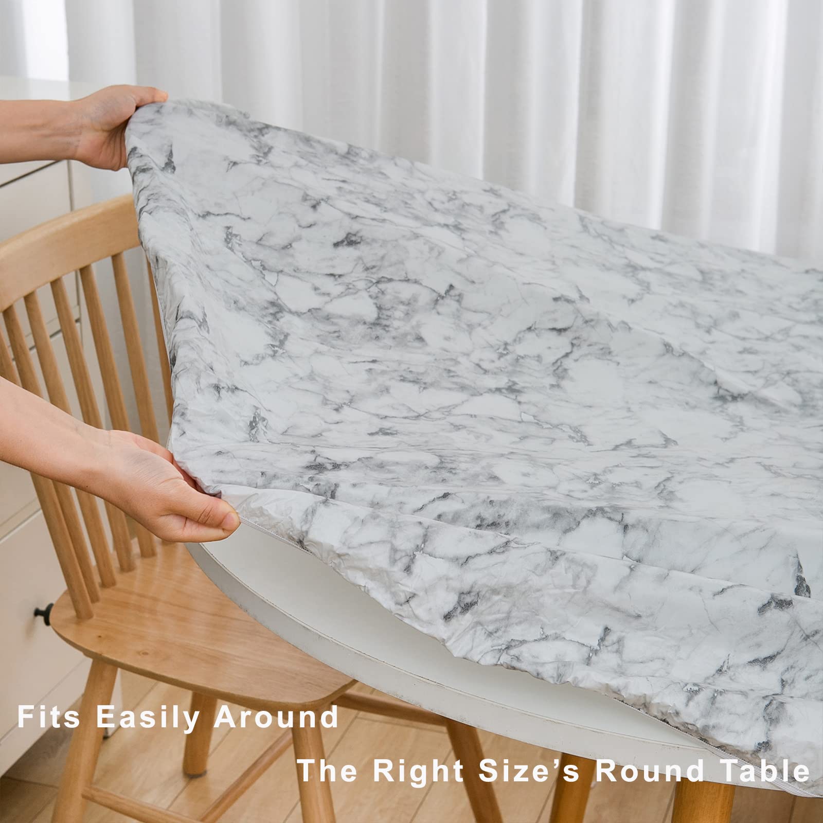 Liberecoo Round Vinyl Fitted Tablecloth With Flannel Backing Elastic Edge Plastic Table Cover Waterproof Table Cloth Stain-Resis