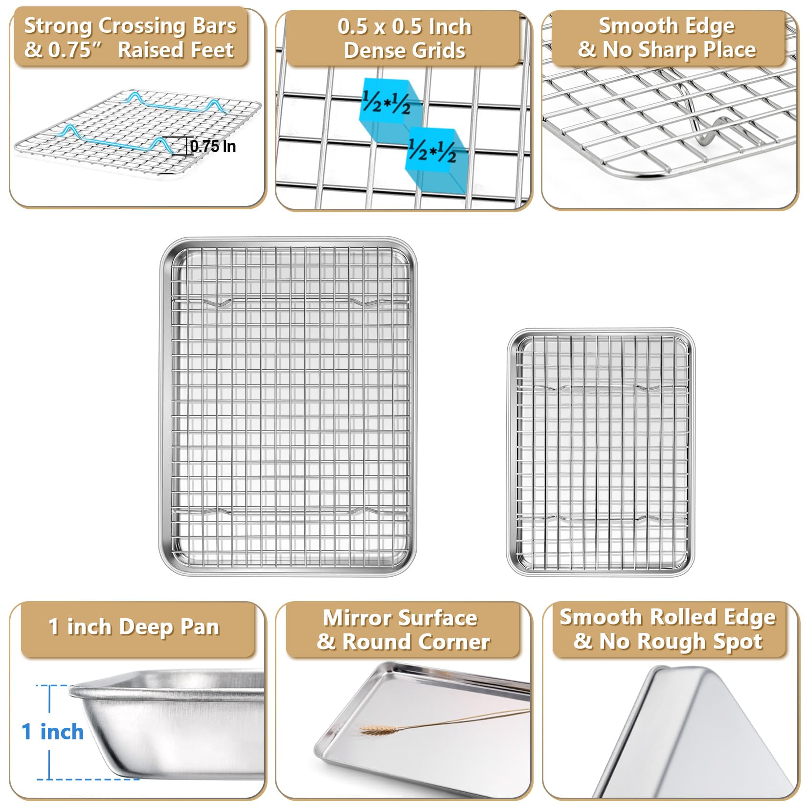 P&P Chef Toaster Oven Pans Trays With Racks Set, 4 Pcs (2 Pans + 2 Racks), Stainless Steel Small Baking Pan And Cooling Rack For