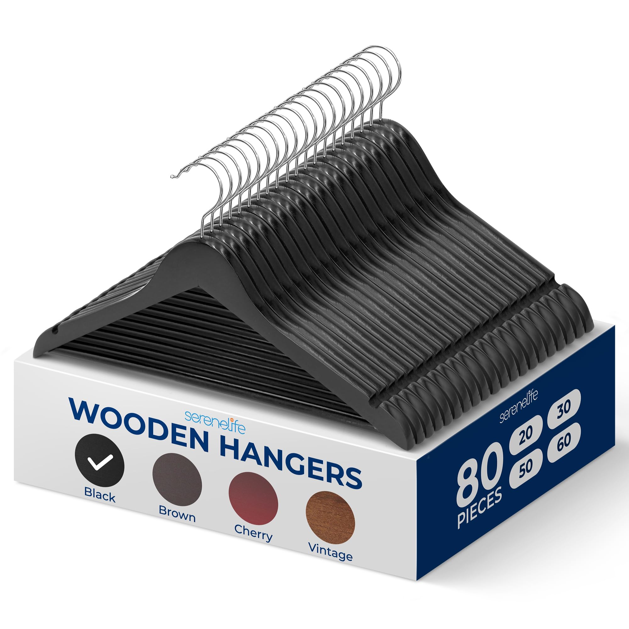 Serenelife 80 Pieces Wood Hangers - Space Saving Heavy Duty Slim Suit Clothes Hanger Set With 360 Degree Swivel Metal Hook, Can