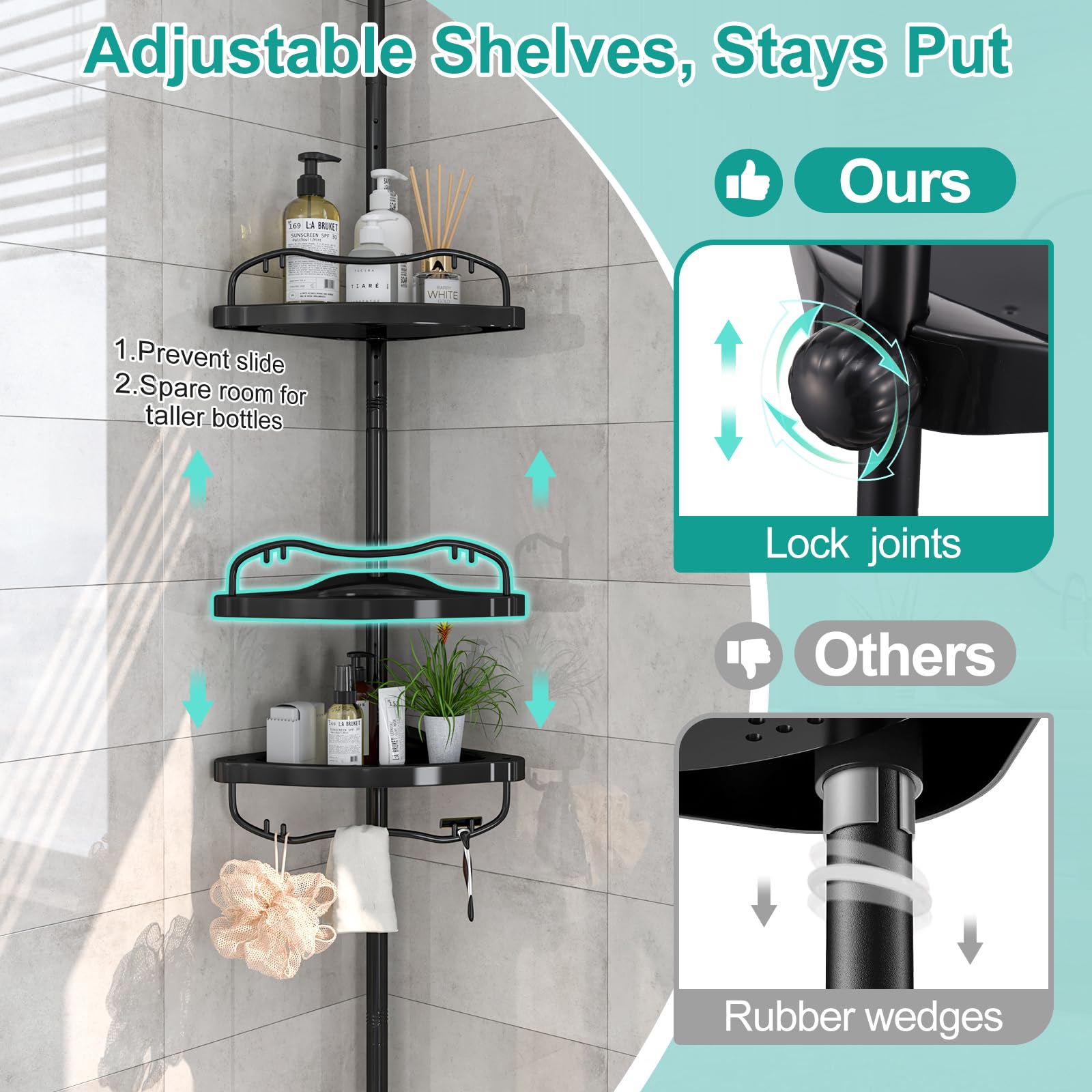 Corner Shower Caddy Tension Pole - 125 Inch Tall Adjustable Inside Shower Organizer 4-Tier Rustproof Bathroom Organizer Shelves