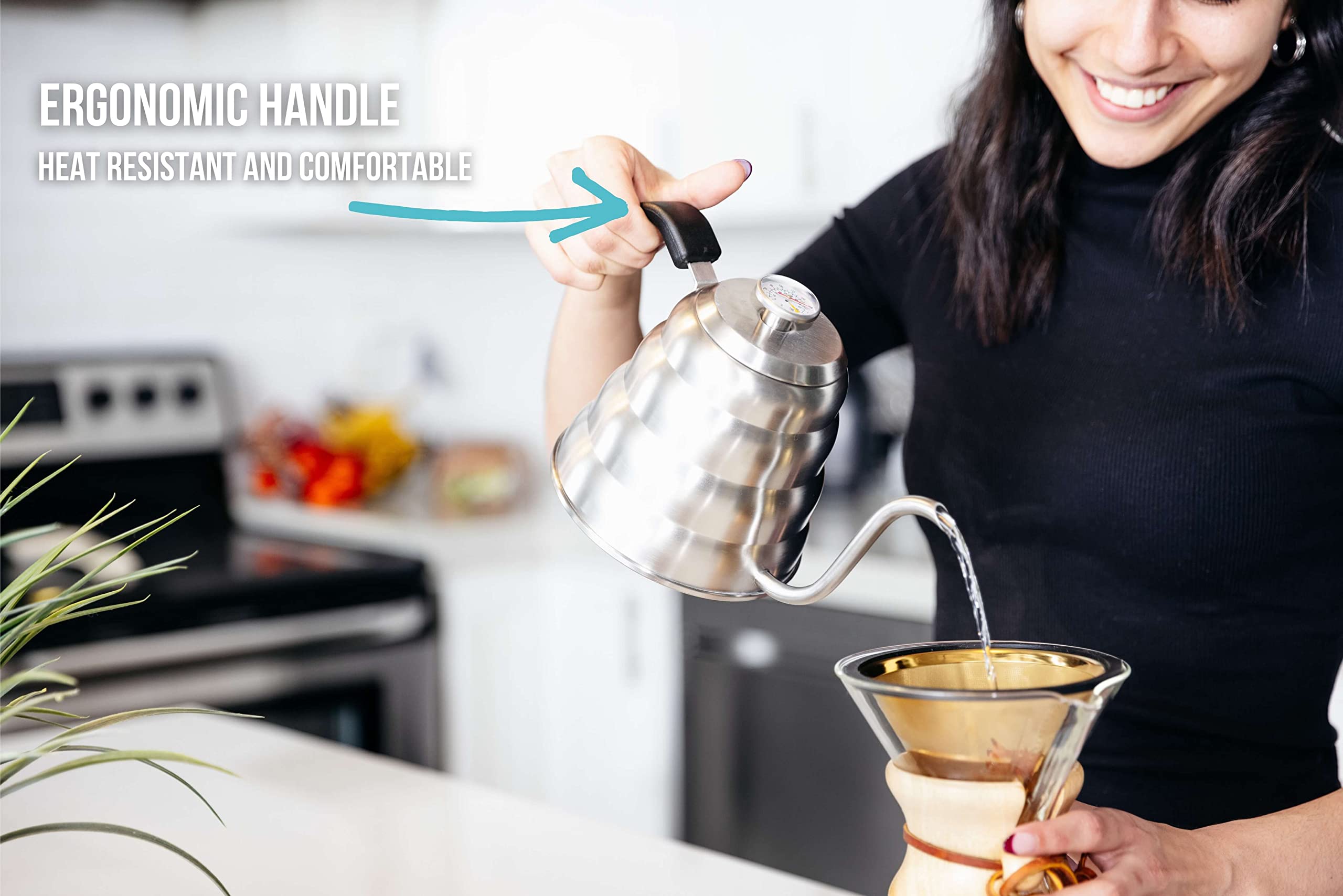 Barista Warrior Gooseneck Kettle For Pour Over Coffee And Tea With Thermometer For Exact Temperature, Precision Pour Drip Spout,