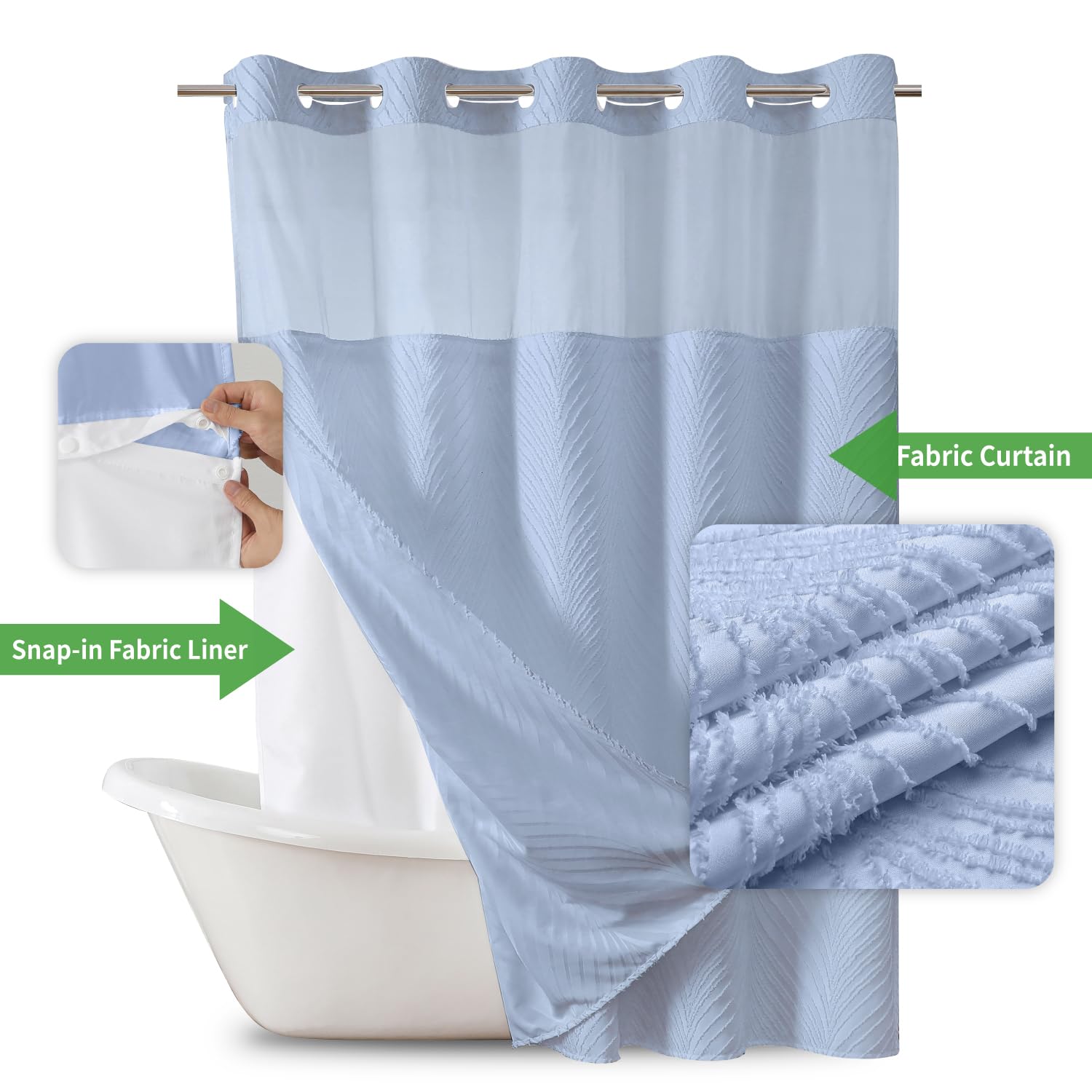 Eachope No Hook Shower Curtain And Liner Set,Boho Style With See Through Top Window, Blue Fabric Tufted Striped Textured Outer C