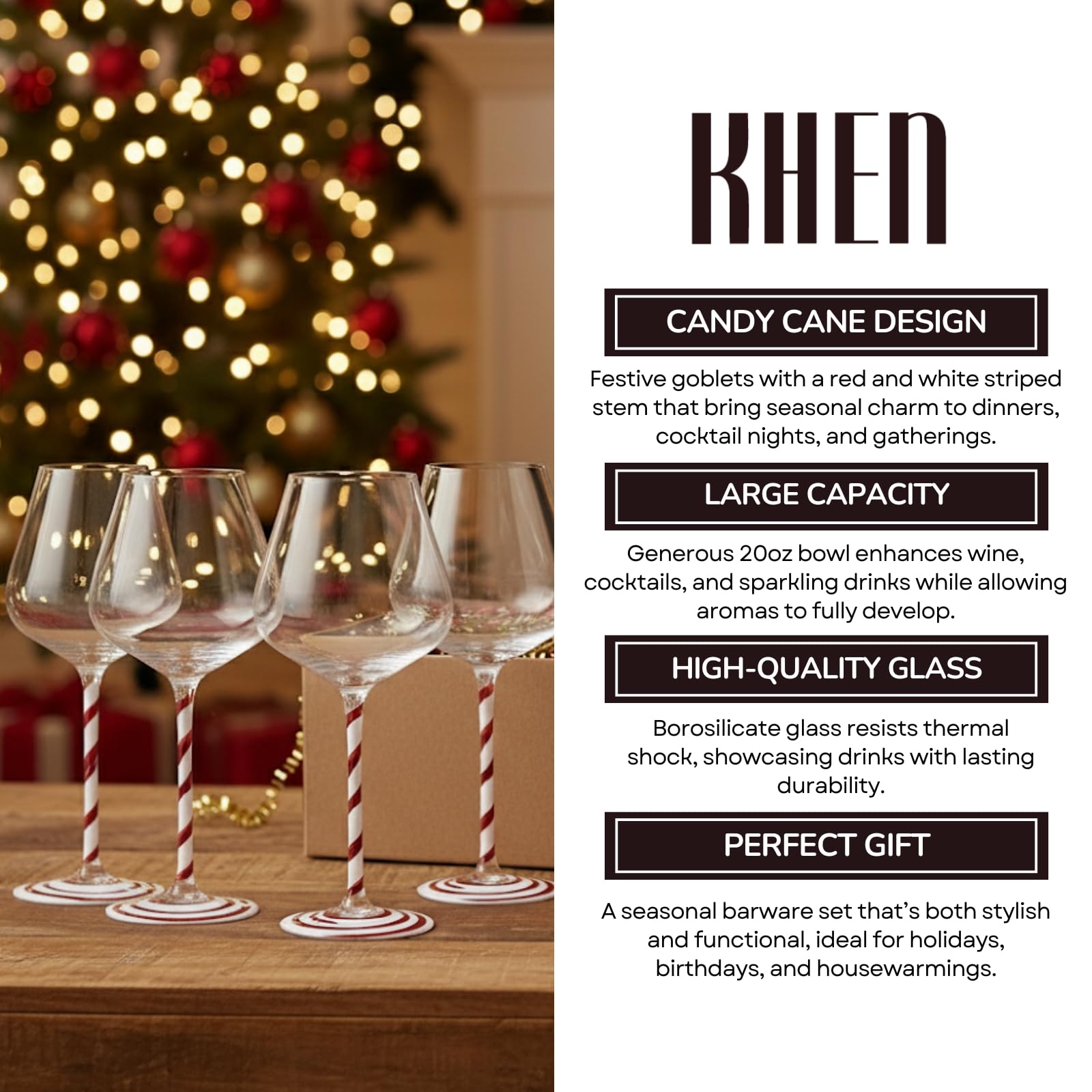Khen Holiday Candy Cane Wine Glasses Set of 2 Santa Red White Striped