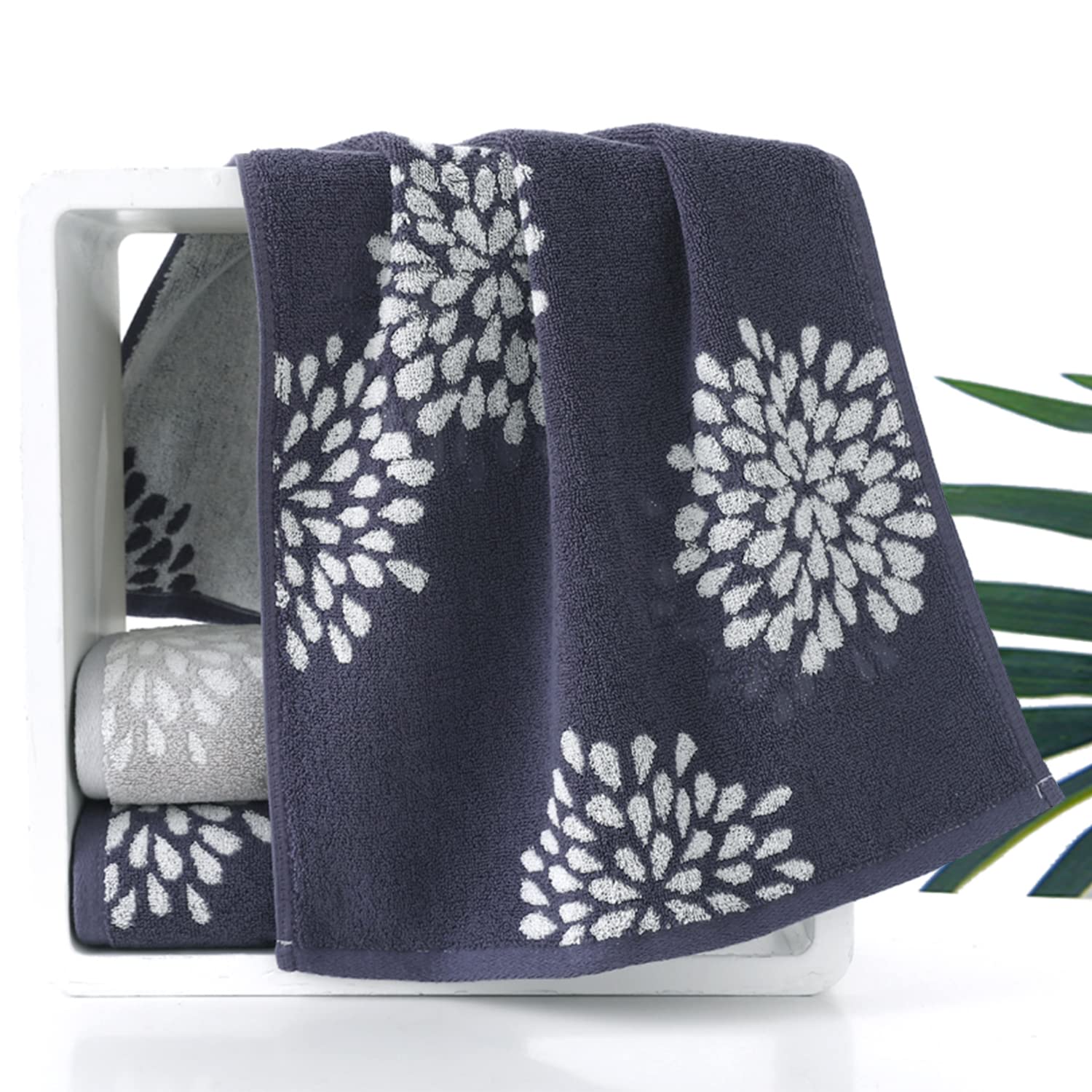 Pidada Hand Towels Set of 2 Hydrangea Floral Pattern 100% Cotton Absorbent Soft Decorative Towel for Bathroom (Light Grey & Denim Blue)