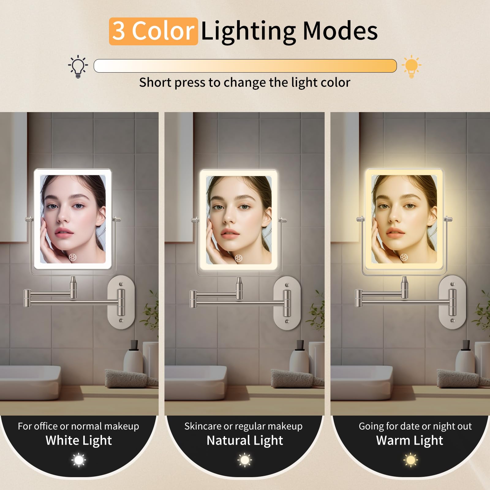 FUNTOUCH Wall Mounted Makeup Mirror - 1X/20X Magnifying, 5000mAh, Touch Dimmable, Brushed Nickel, 16.2"L x 13.